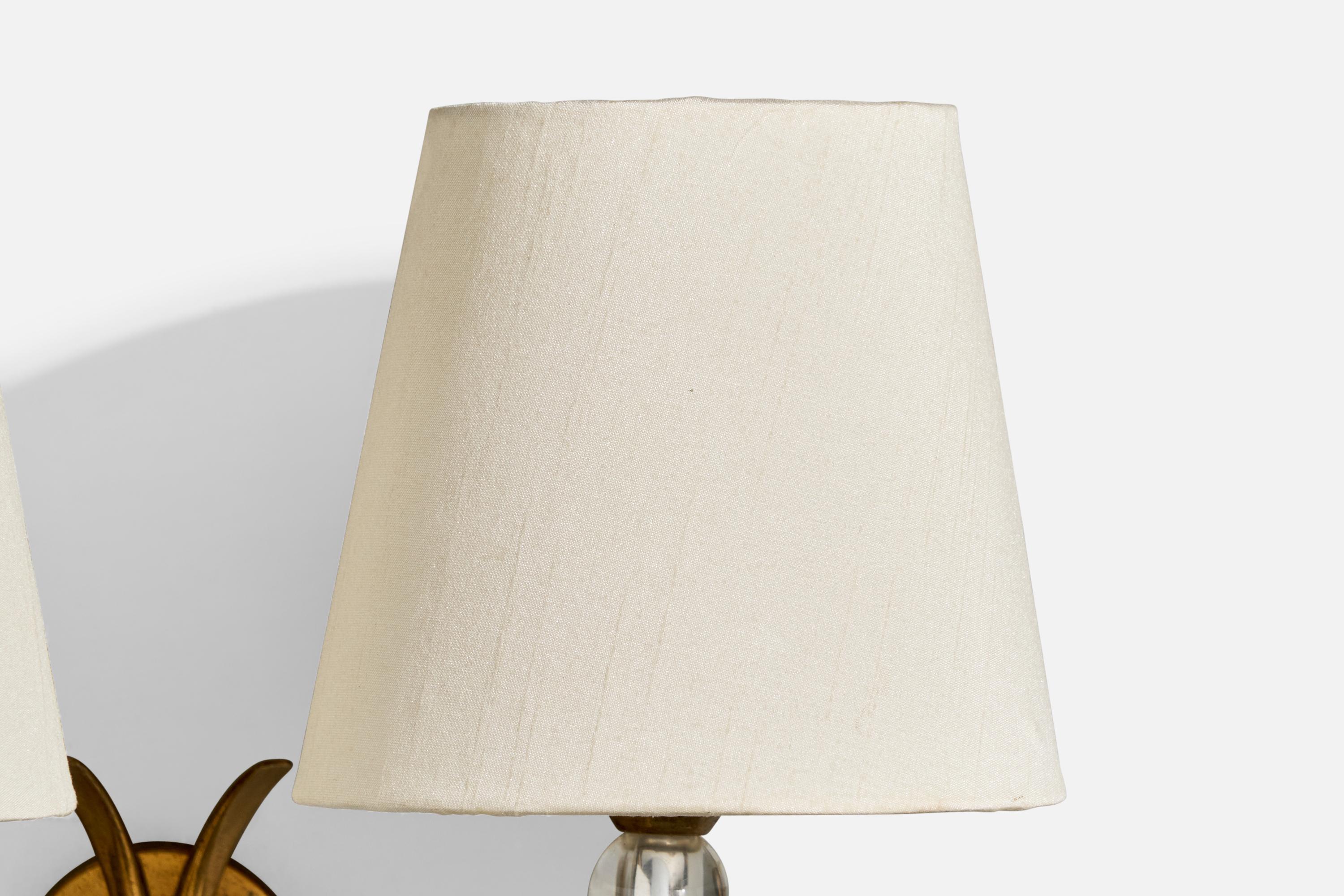 Italian Designer, Wall Lights, Brass, Glass, Fabric, Italy, 1950s For Sale 2