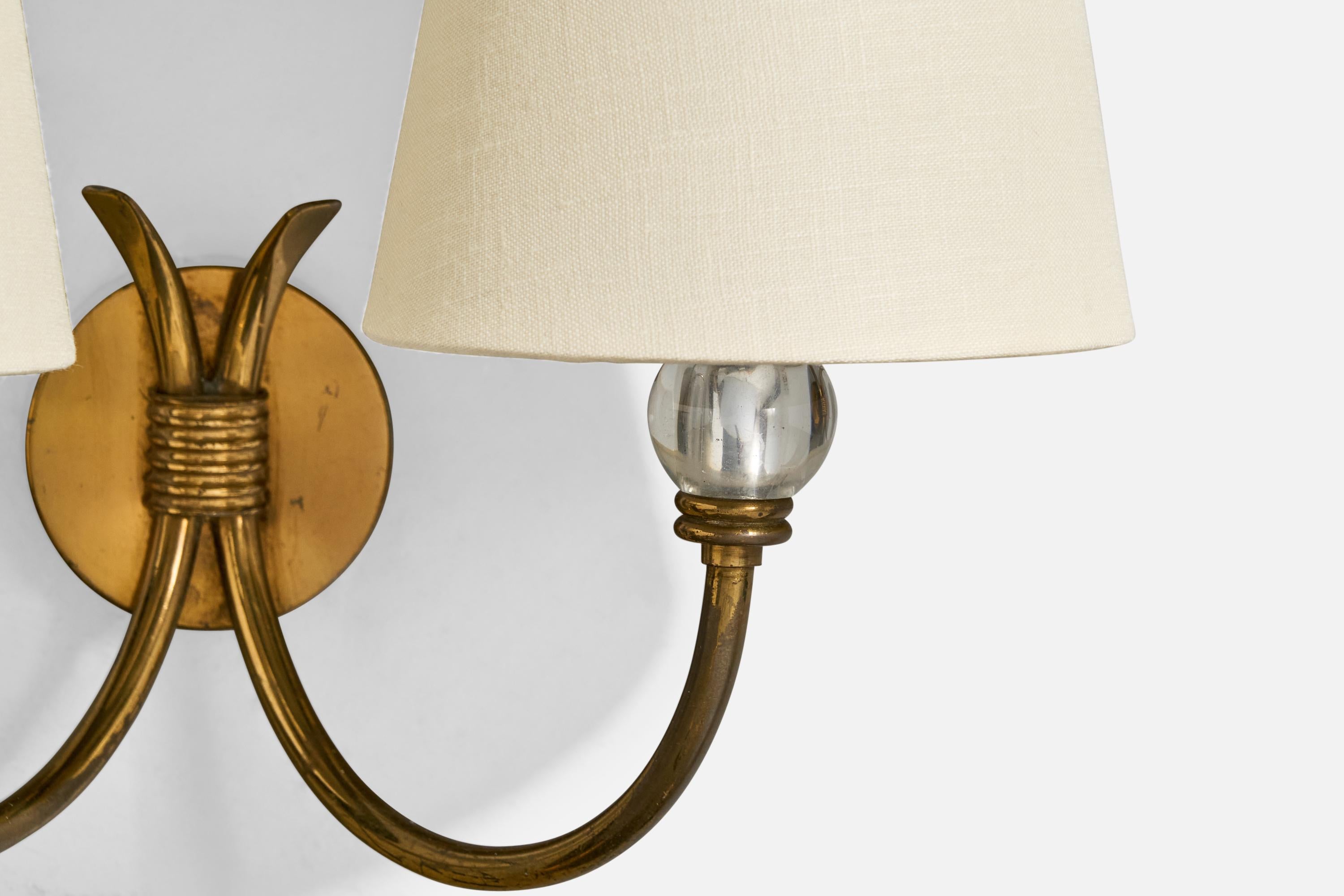 Italian Designer, Wall Lights, Brass, Glass, Fabric, Italy, 1950s For Sale 3