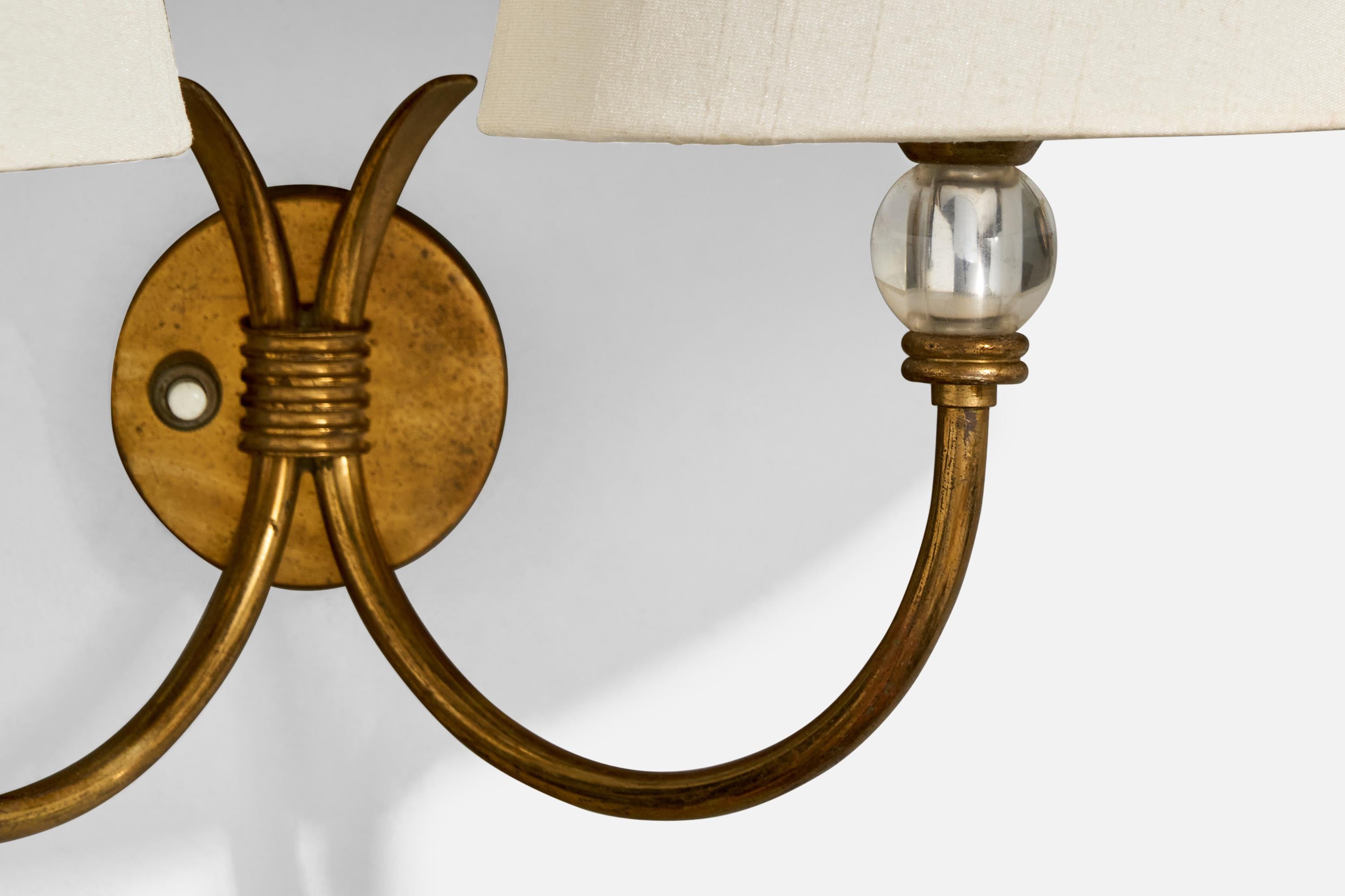 Italian Designer, Wall Lights, Brass, Glass, Fabric, Italy, 1950s For Sale 3