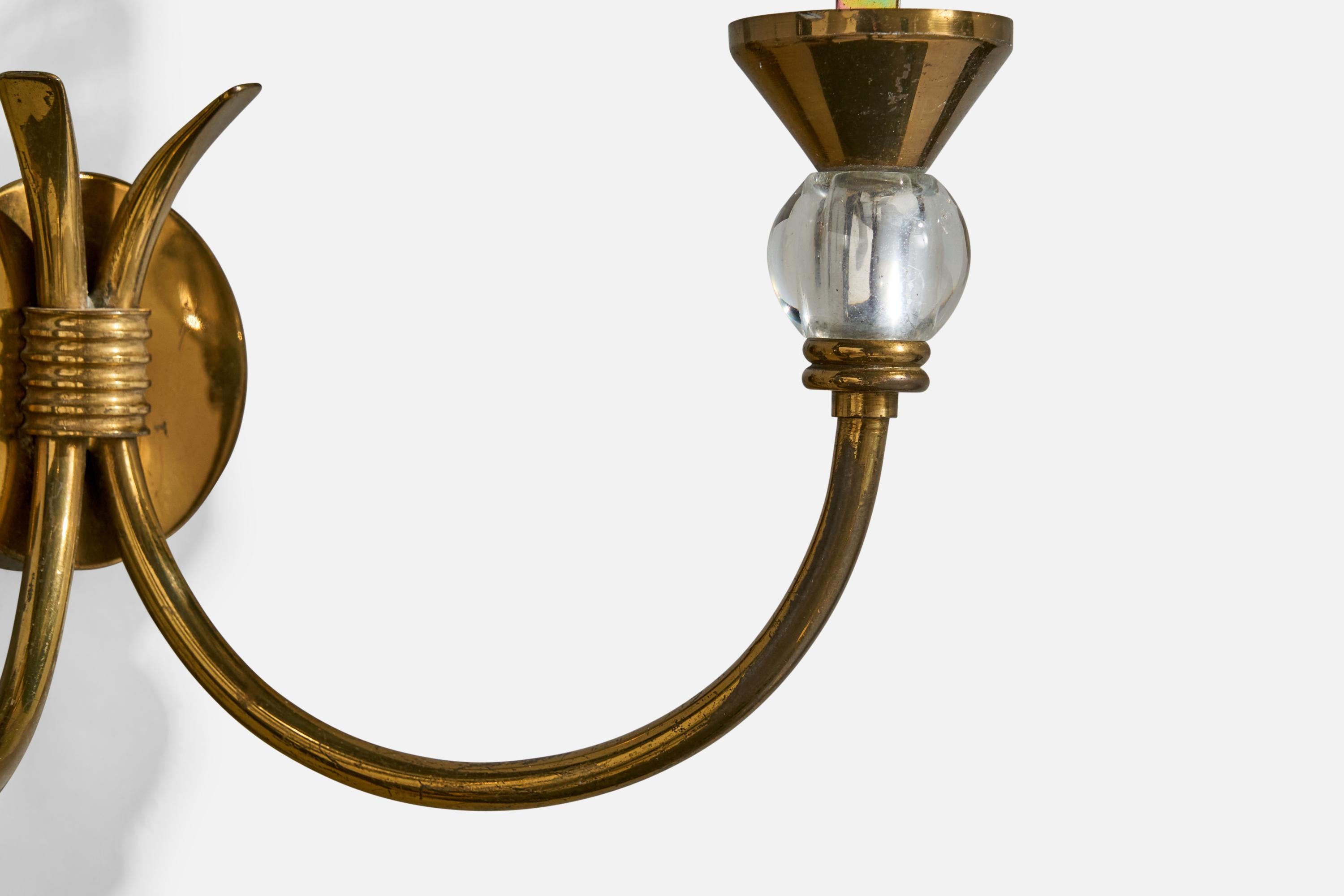 Italian Designer, Wall Lights, Brass, Glass, Fabric, Italy, 1950s For Sale 4