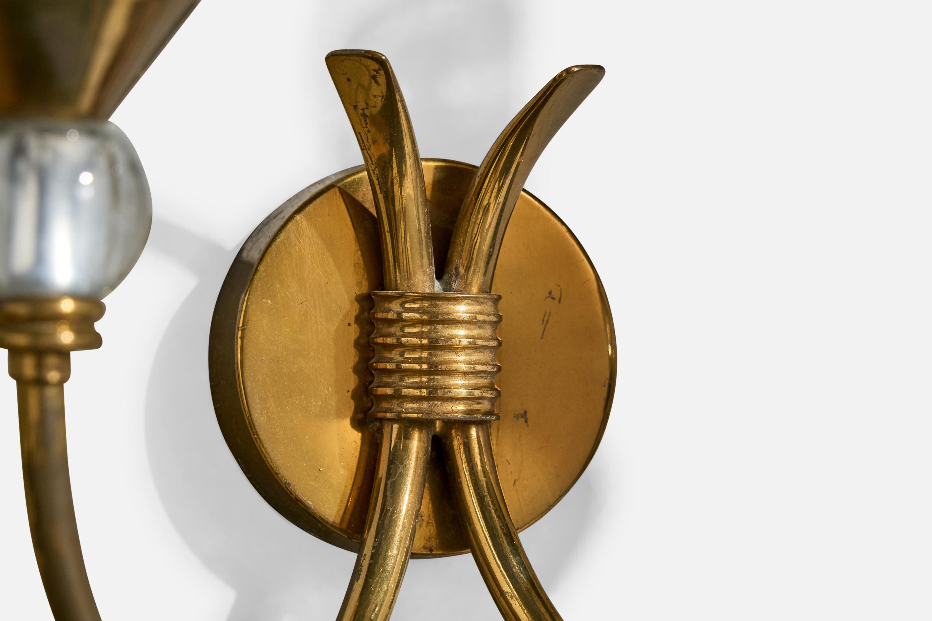Italian Designer, Wall Lights, Brass, Glass, Fabric, Italy, 1950s For Sale 5