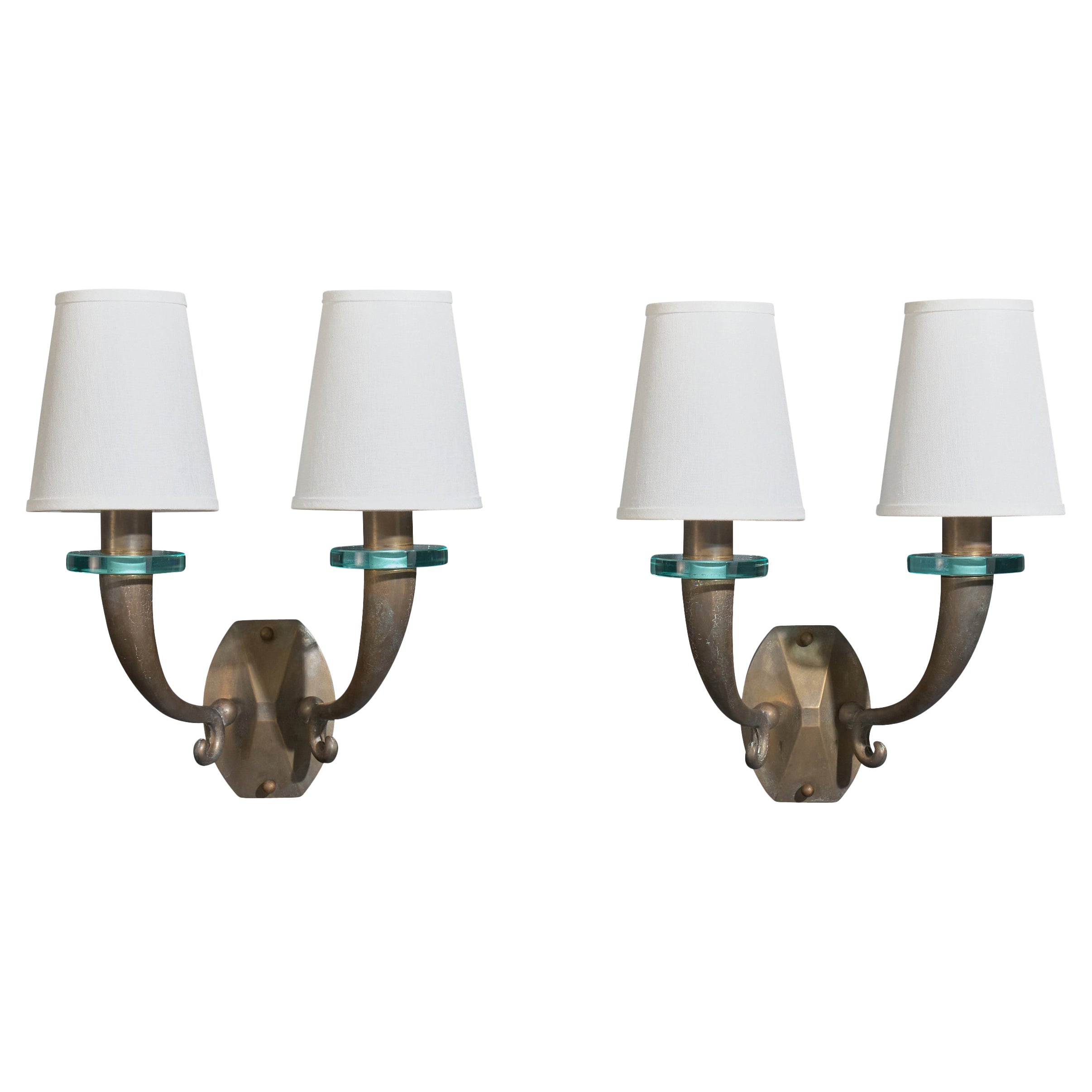 Italian Designer, Wall Lights, Brass, Glass, Fabric, Italy, 1950s