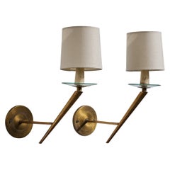Italian Designer, Wall Lights, Brass, Glass, Fabric, Italy, 1950s
