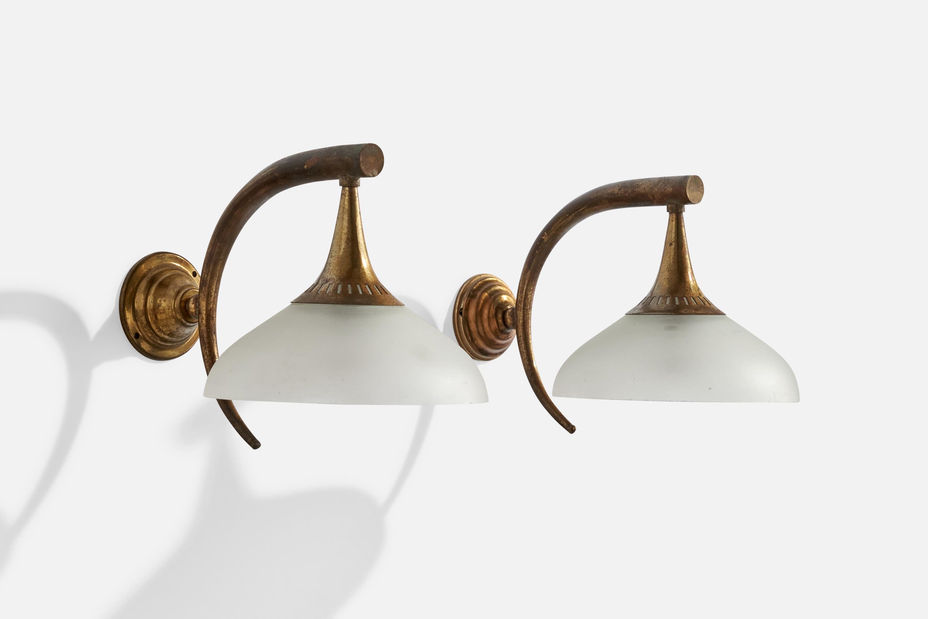A pair of brass and opaline glass wall lights designed and produced in Italy, c. 1930s.

Overall Dimensions (inches):  7” H x 6.375” W x 9.75“D

Back Plate Dimensions (Inches):  2.75” H x 2.75” W x 1.625” D

Bulb Specifications: E-14 Bulbs

Number