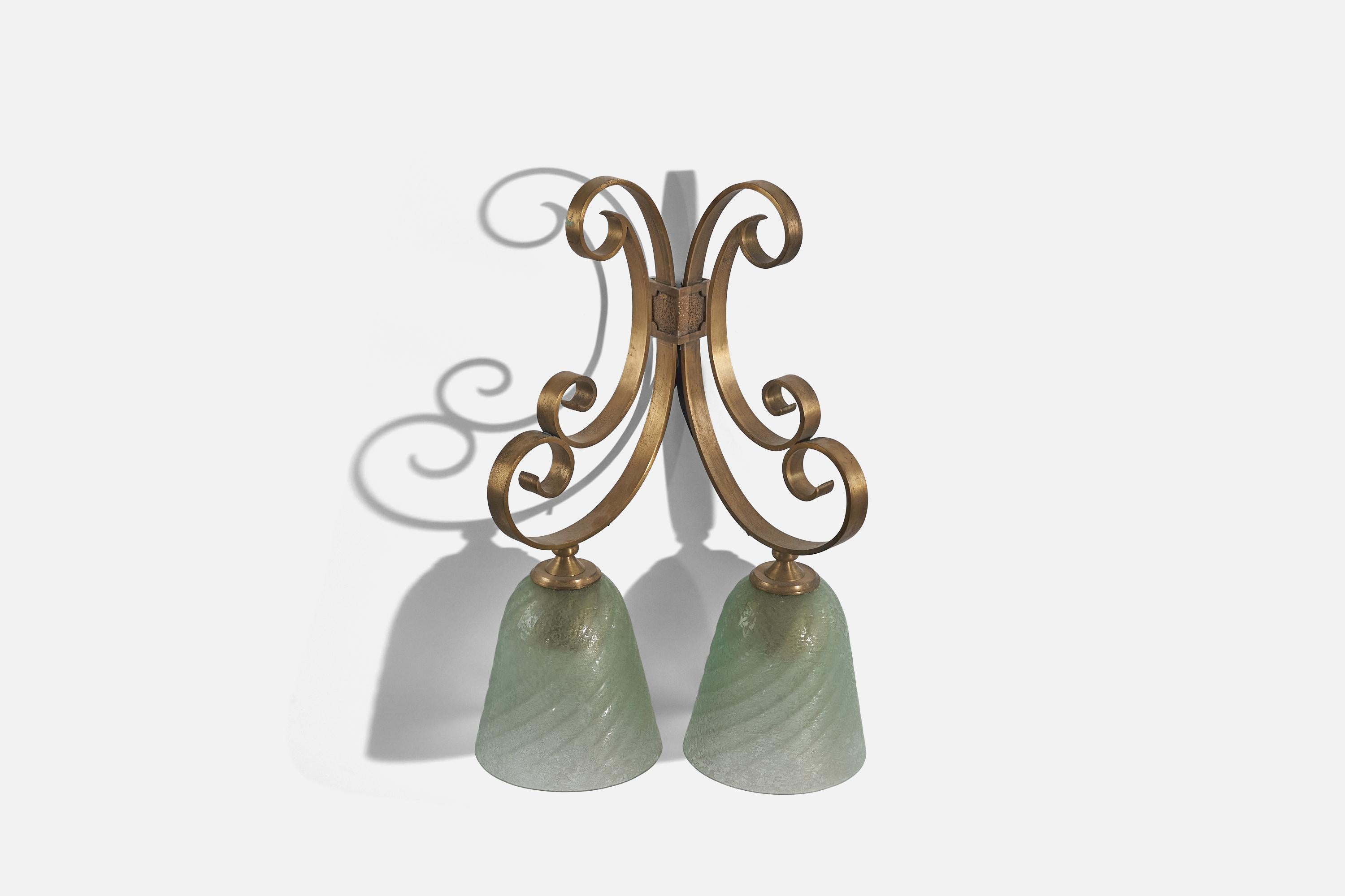 Mid-Century Modern Italian Designer, Wall Lights, Brass, Glass, Italy, 1930s For Sale