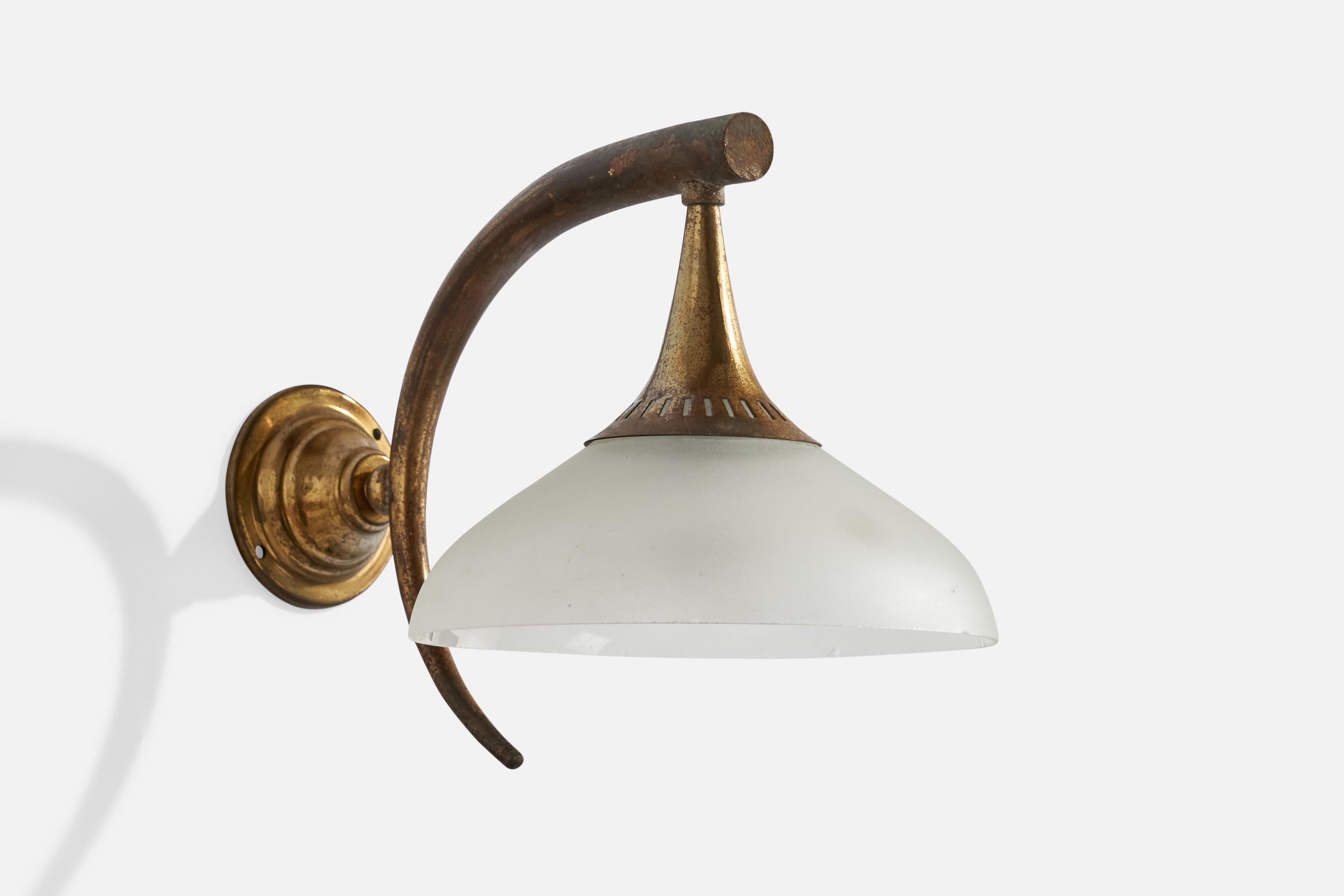 Mid-20th Century Italian Designer, Wall Lights, Brass, Glass, Italy, 1930s For Sale