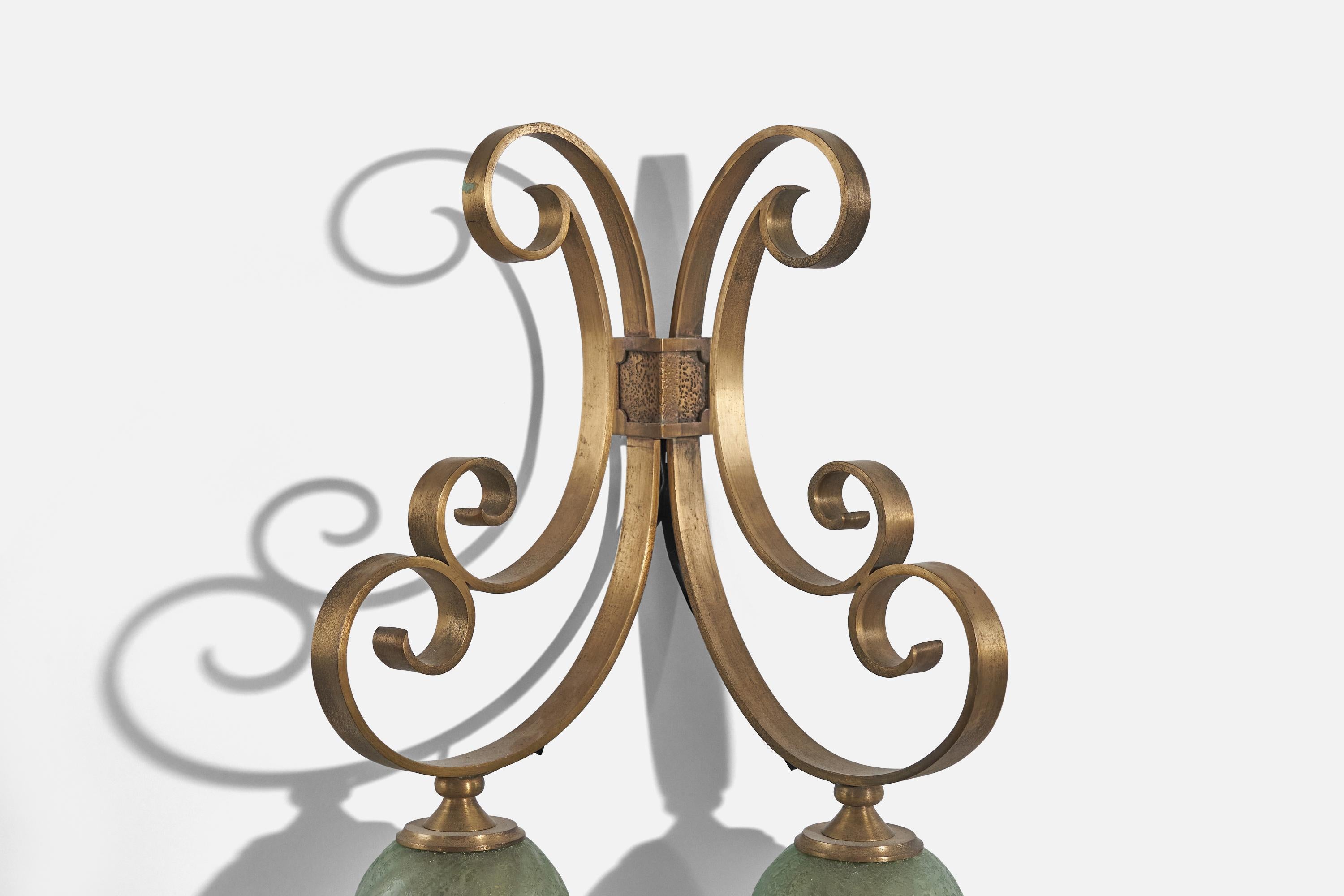 Mid-20th Century Italian Designer, Wall Lights, Brass, Glass, Italy, 1930s For Sale