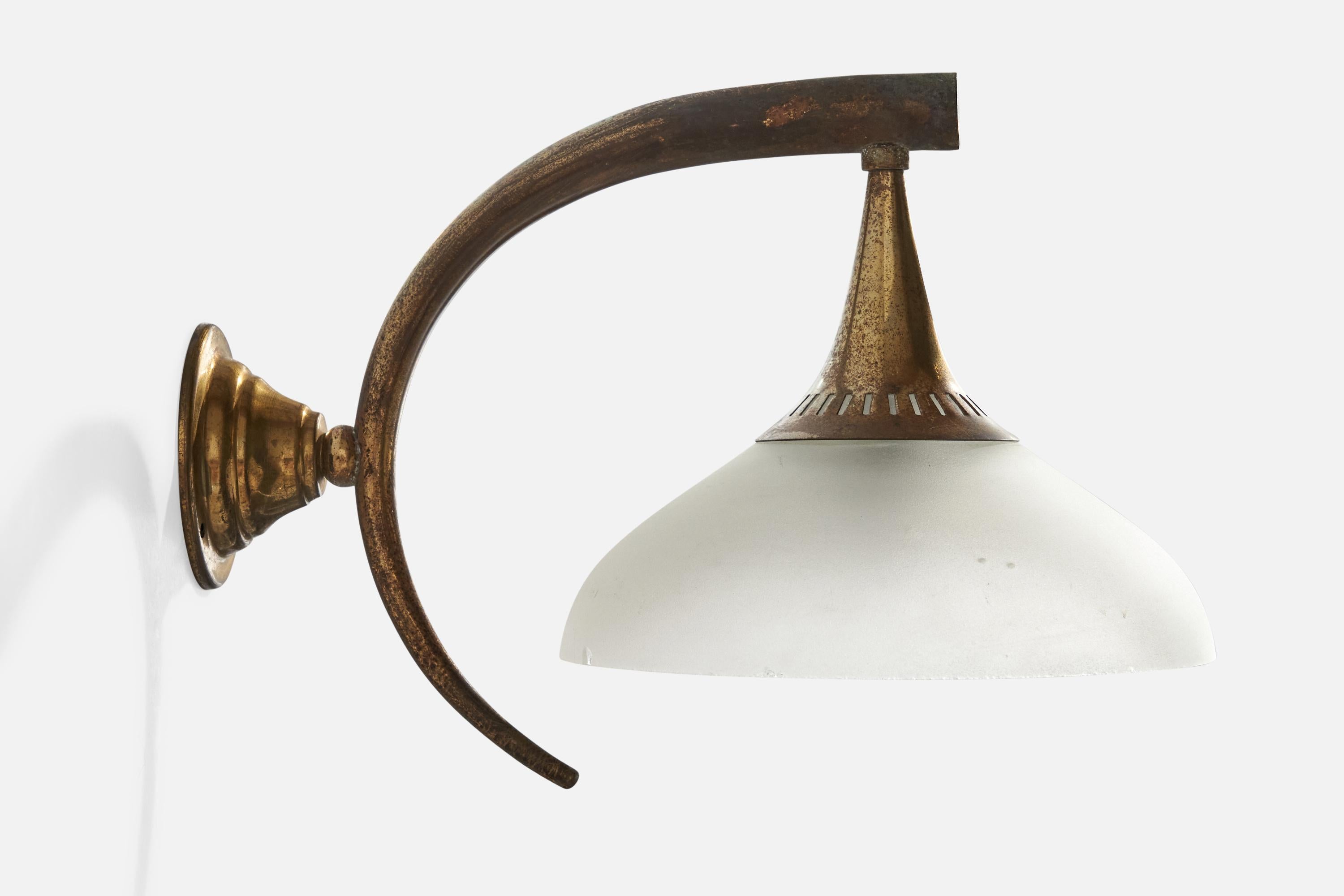 Italian Designer, Wall Lights, Brass, Glass, Italy, 1930s For Sale 1