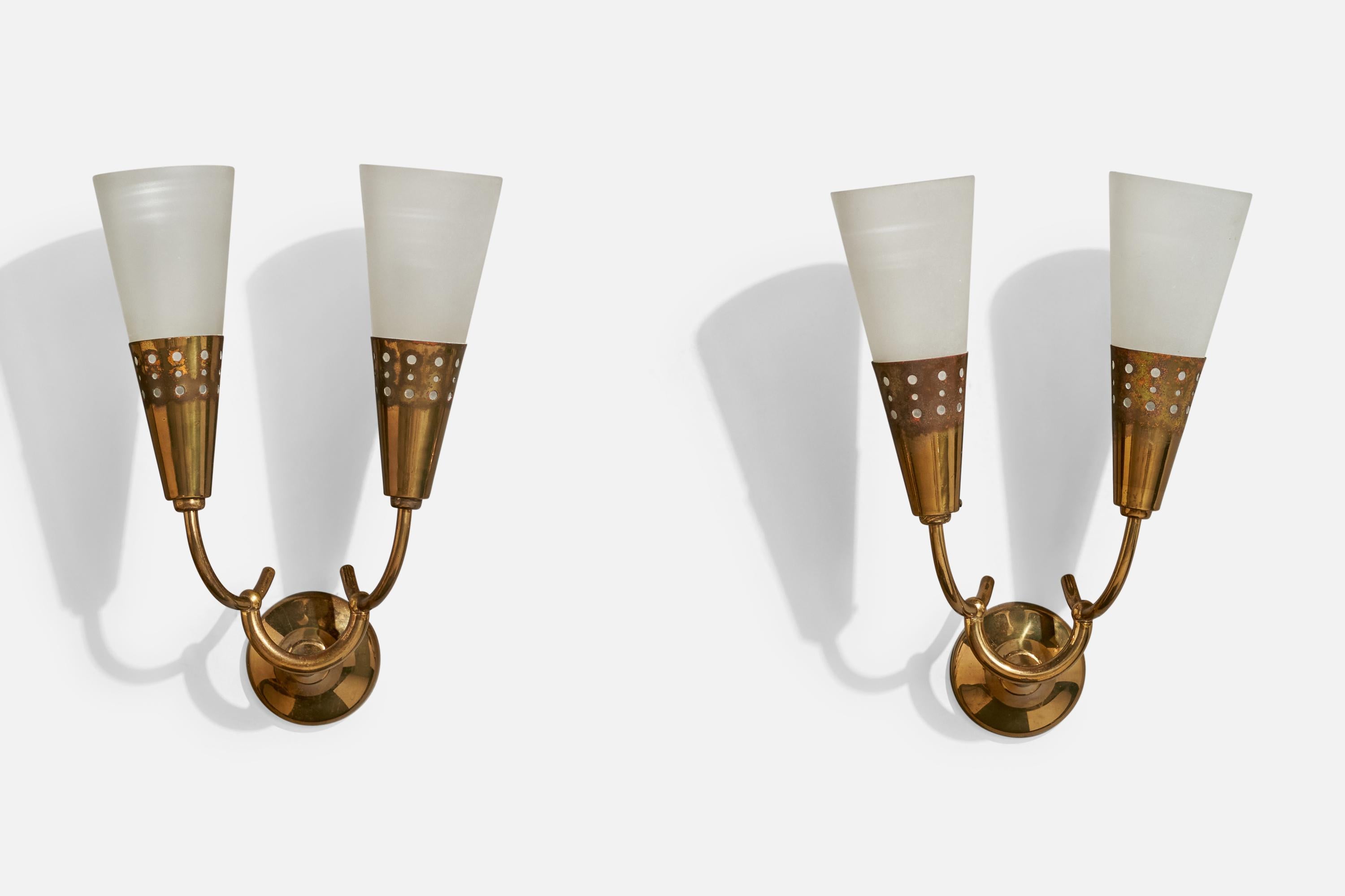 A pair of brass and white opaline glass wall lights designed and produced in Italy, c. 1940s.

Overall Dimensions (Inches): 12.25” H x 8.75” W x 4.75“ D

Back Plate Dimensions (Inches): 3” H x 3“ W x 1.625” D

Bulb Specifications: E-14

Number of