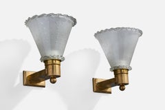 Italian Designer, Wall Lights, Brass, Glass, Italy, 1940s
