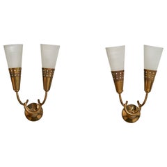 Italian Designer, Wall Lights, Brass, Glass, Italy, 1940s