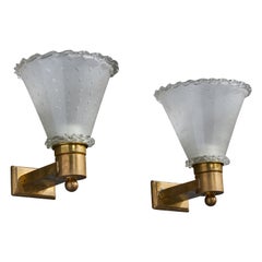 Italian Designer, Wall Lights, Brass, Glass, Italy, 1940s