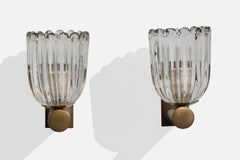 Italian Designer, Wall Lights, Brass, Glass, Italy, 1950s
