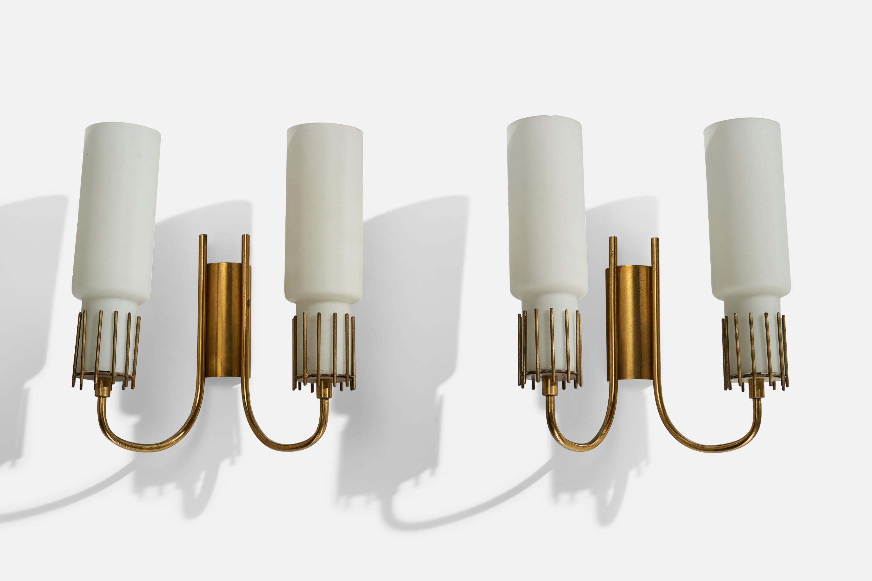 A pair of brass and opaline glass wall lights designed and produced in Italy, 1950s.

Overall Dimensions (inches): 11.6”  H x 10.25” W x 5.25” D
Back Plate Dimensions (inches): 4.25”  H x 1.95” W x 1”D
Bulb Specifications: E-14 Bulb
Number of
