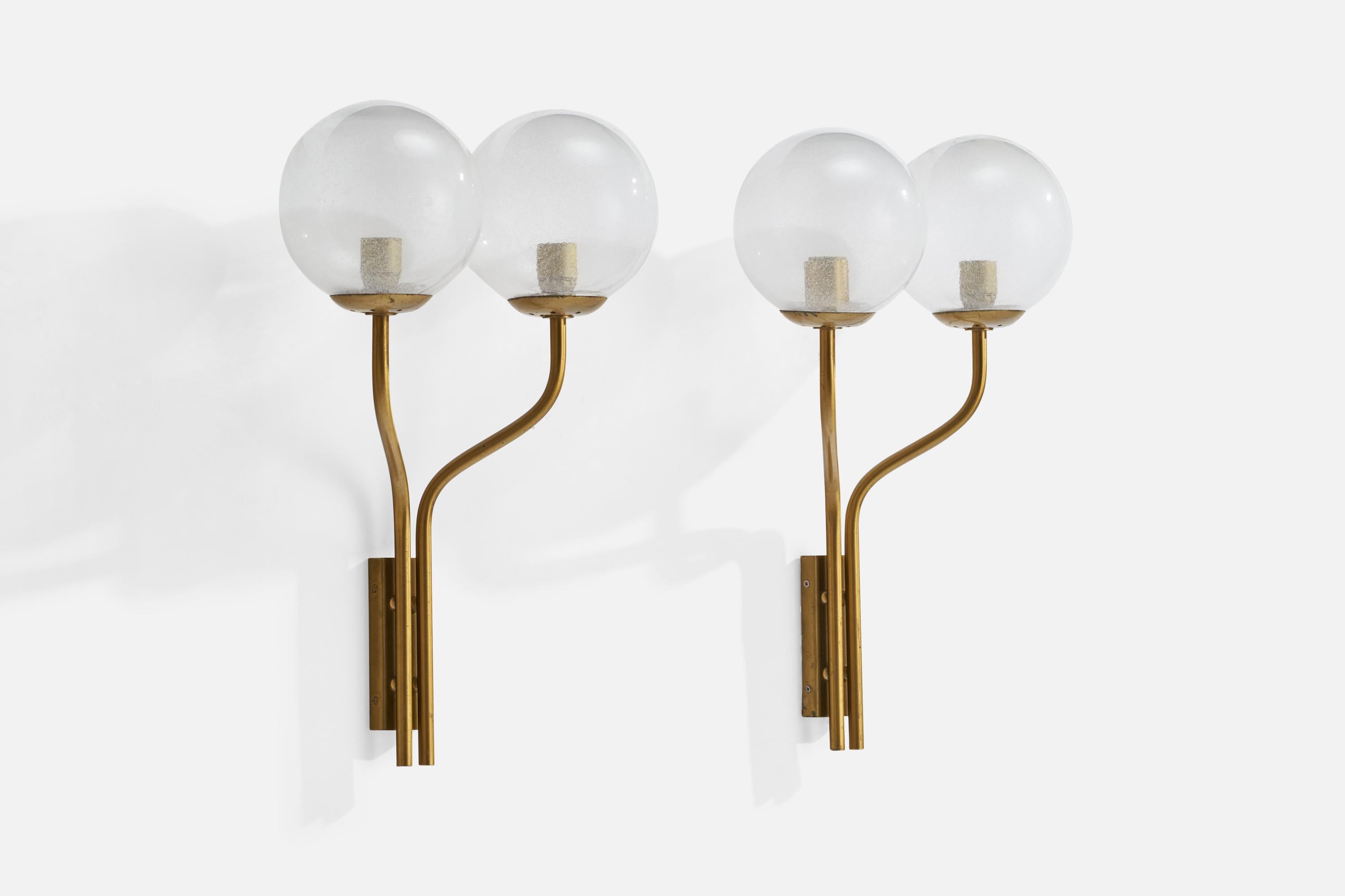 A pair of two-armed brass and glass wall lights designed and produced in Italy, 1950s.

Overall Dimensions (inches): 25.5” H x 16”  W x 8.87”  D
Back Plate Dimensions (inches): 6.62”  H x 2.37” W x .79” D
Bulb Specifications: E-26 Bulb
Number of