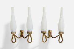 Italienischer Designer, Wandleuchten, Messing, Glas, Italien, 1950er Jahre