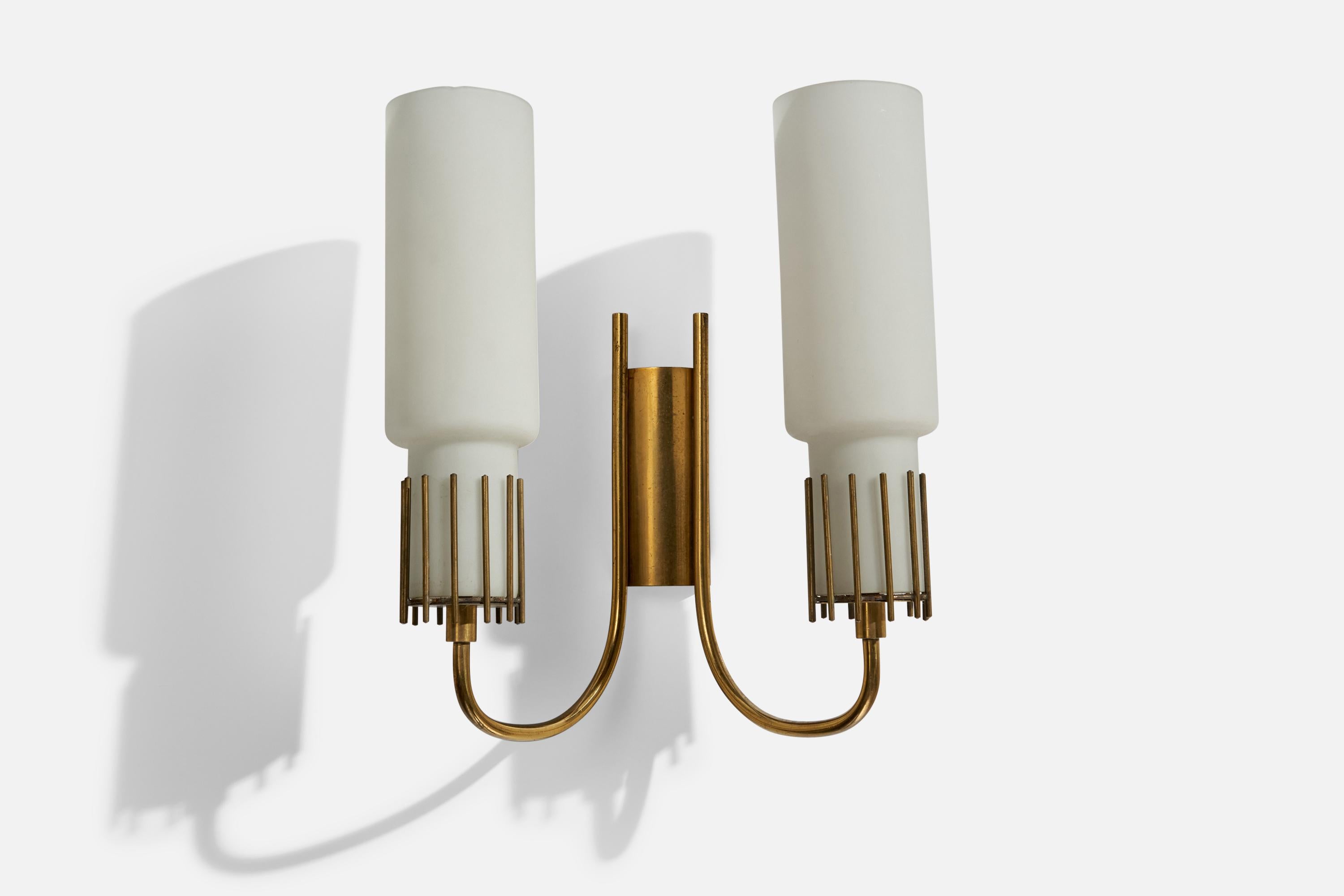 Italian Designer, Wall Lights, Brass, Glass, Italy, 1950s For Sale 1