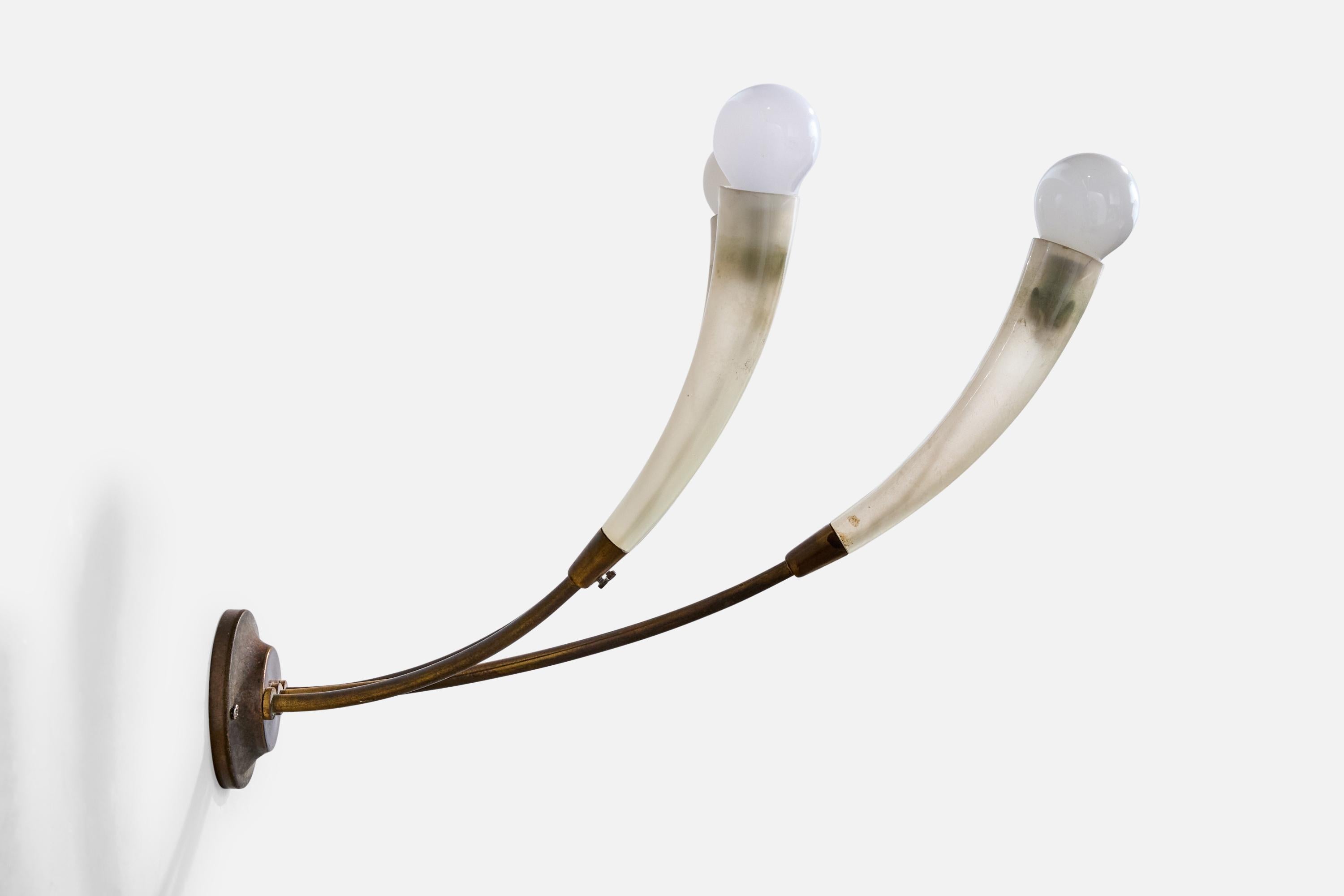 Mid-20th Century Italian Designer, Wall Lights, Brass, Glass, Italy, 1950s For Sale