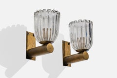 Italian Designer, Wall Lights, Brass, Glass, Italy, 1950s