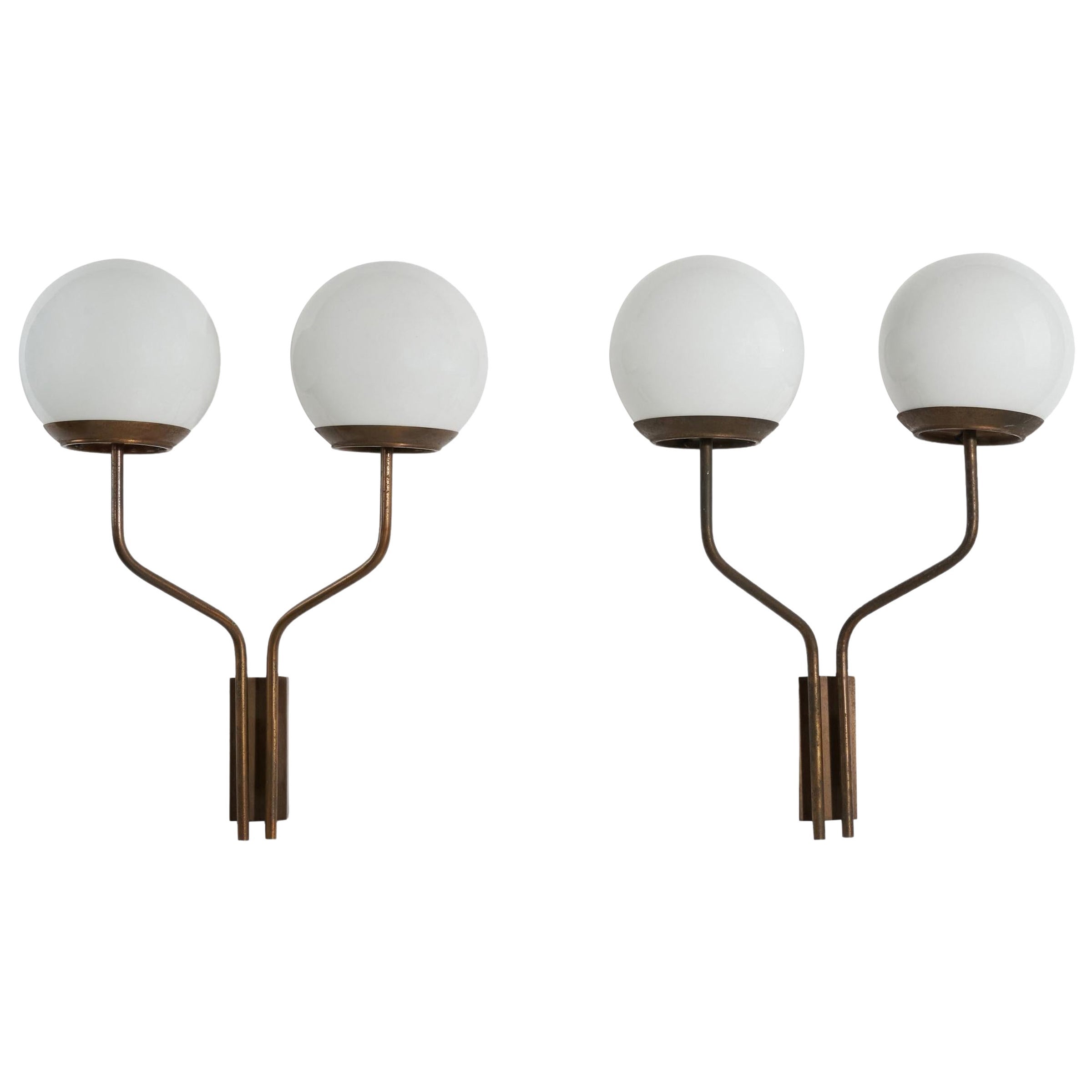 Italian Designer, Wall Lights, Brass, Glass, Italy, 1950s For Sale