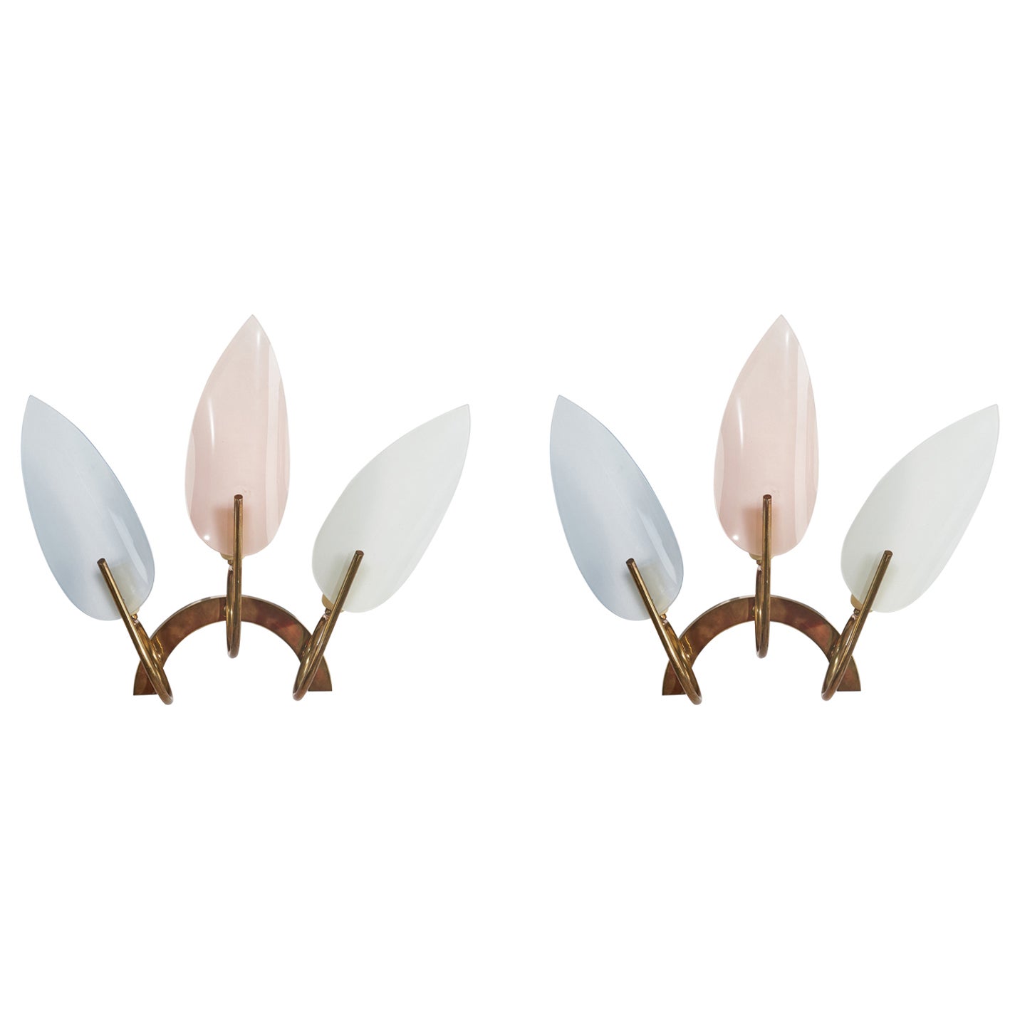 Italian Designer, Wall Lights, Brass, Glass, Italy, 1950s For Sale