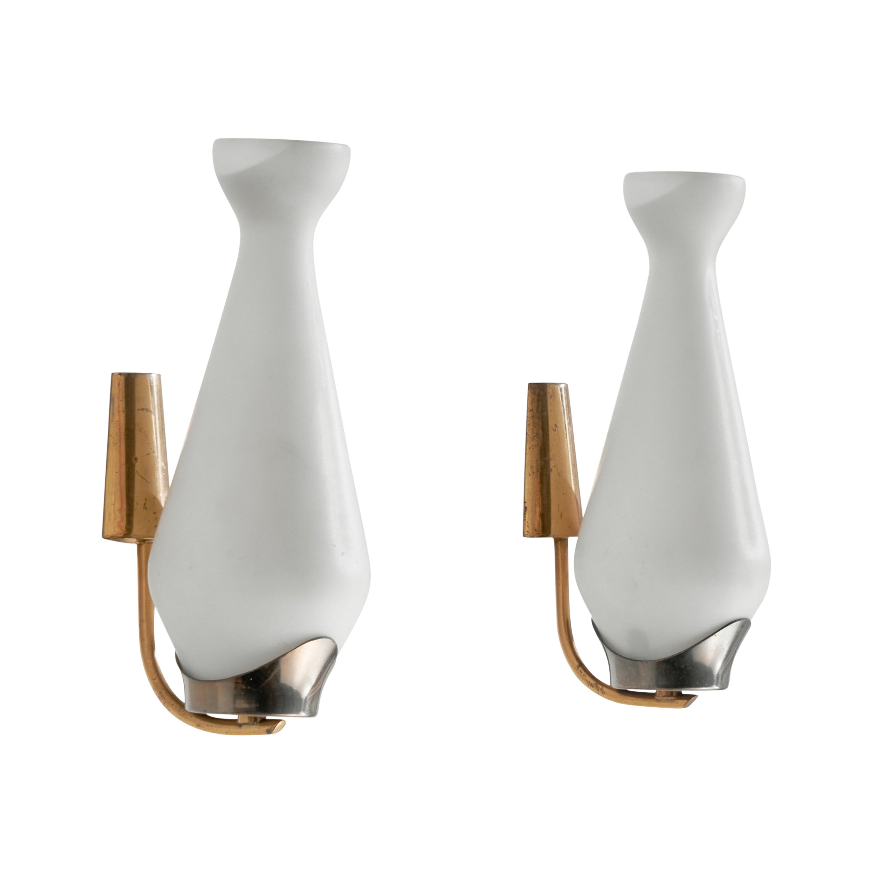 Italian Designer, Wall Lights, Brass, Glass, Italy, 1950s