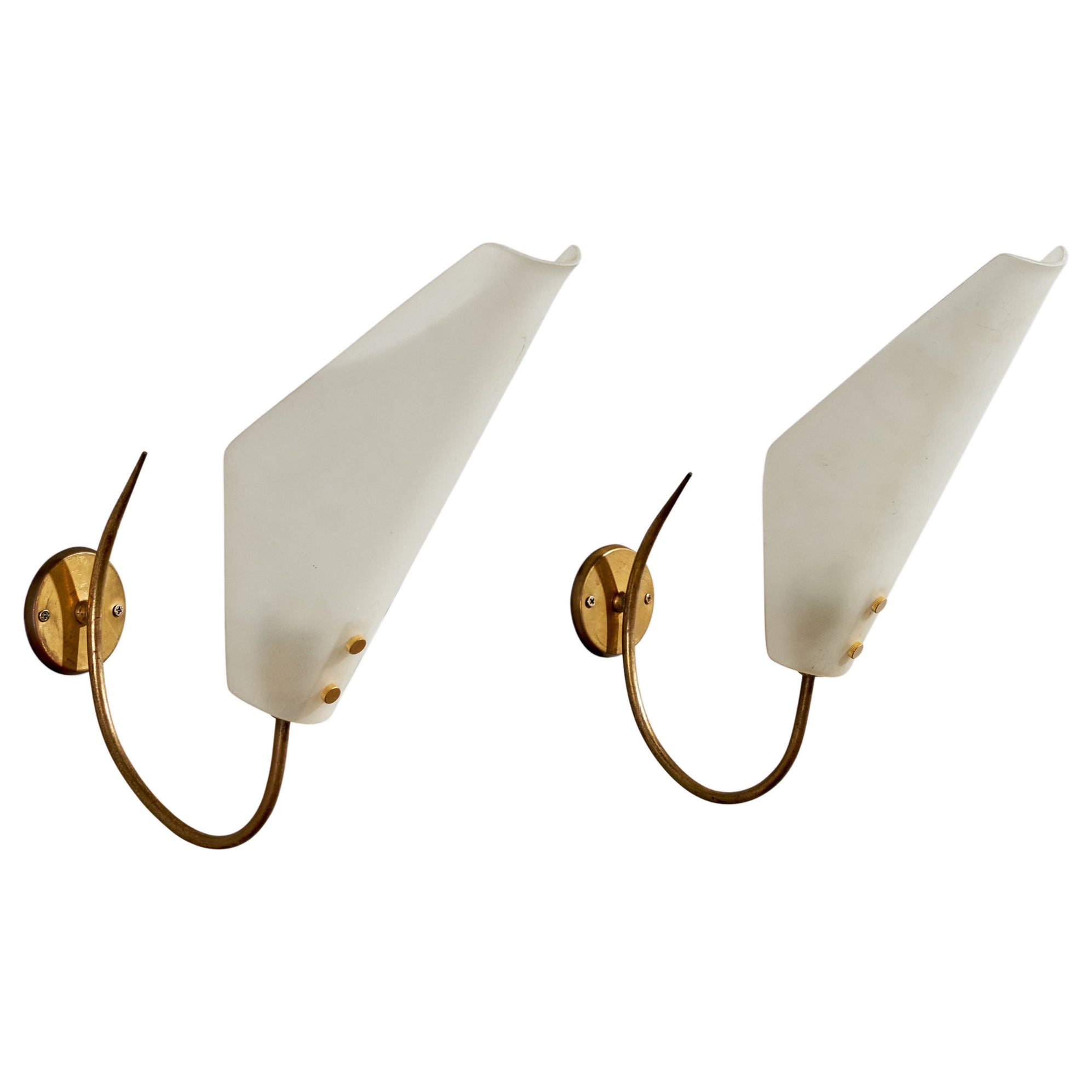 Italian Designer, Wall Lights, Brass, Glass, Italy, 1950s For Sale