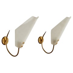 Italian Designer, Wall Lights, Brass, Glass, Italy, 1950s