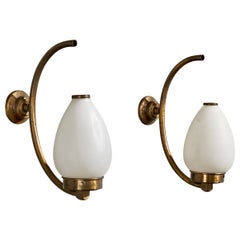 Italian Designer, Wall Lights, Brass, Glass, Italy, 1950s