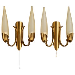 Italian Designer, Wall Lights, Brass, Glass, Italy, 1950s