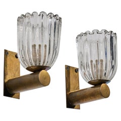 Italian Designer, Wall Lights, Brass, Glass, Italy, 1950s