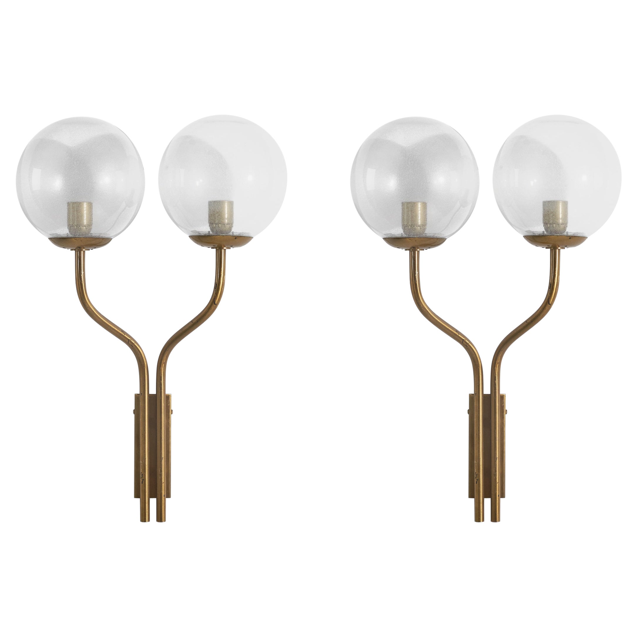 Italian Designer, Wall Lights, Brass, Glass, Italy, 1950s For Sale