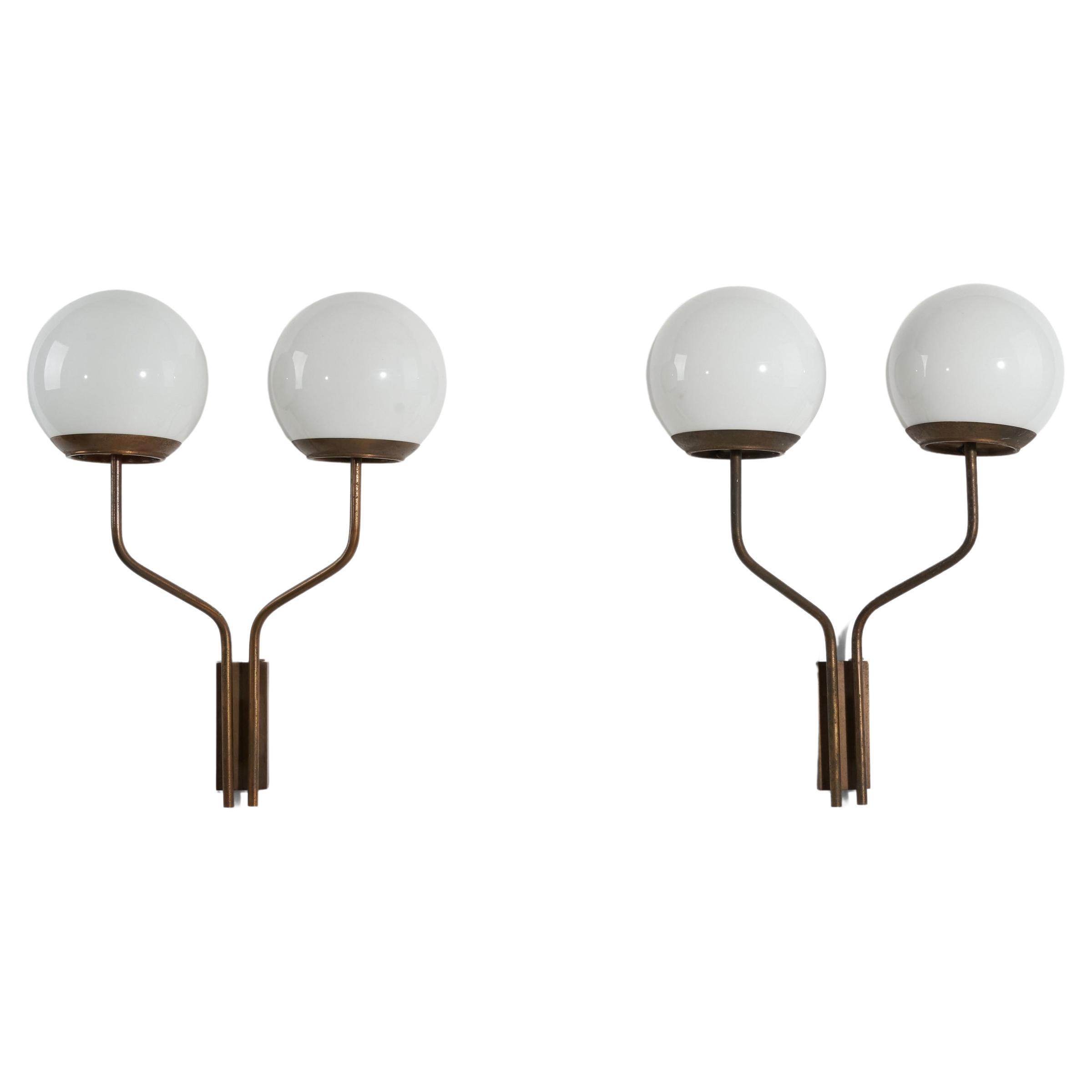 Italian Designer, Wall Lights, Brass, Glass, Italy, 1950s For Sale