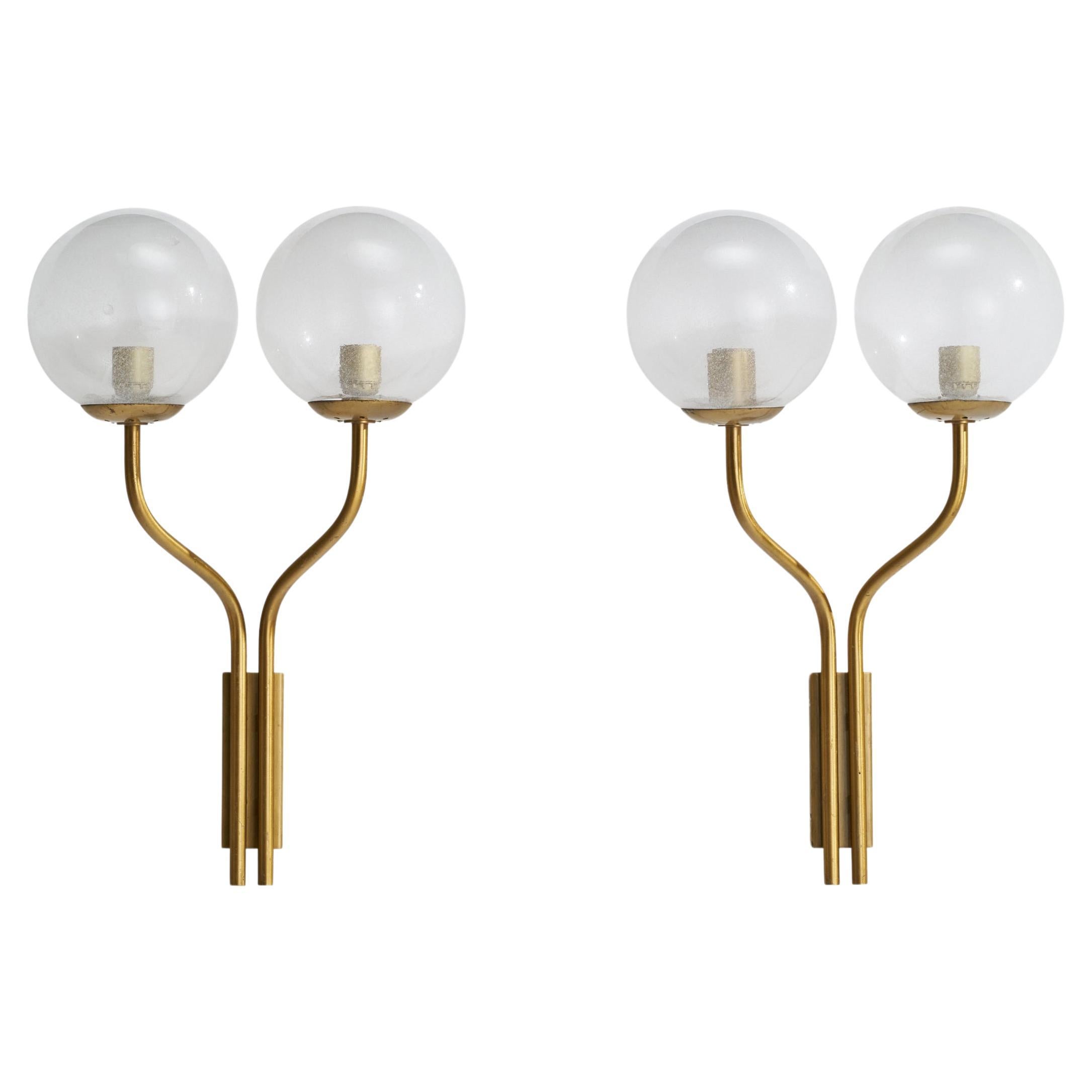 Italian Designer, Wall Lights, Brass, Glass, Italy, 1950s For Sale