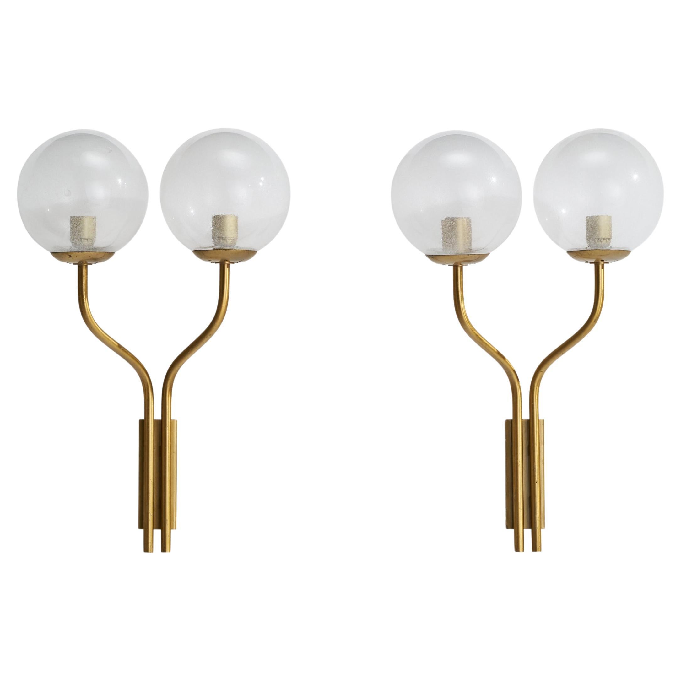 Italian Designer, Wall Lights, Brass, Glass, Italy, 1950s