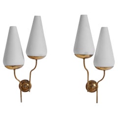 Italian Designer, Wall Lights, Brass, Glass, Italy, 1950s