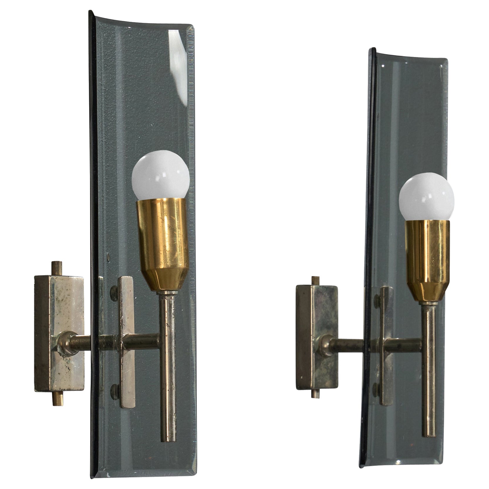 Italian Designer, Wall Lights, Brass, Glass, Italy, 1960s For Sale