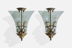 Italian Designer, Wall Lights, Brass, Glass, Metal, Italy 1940s