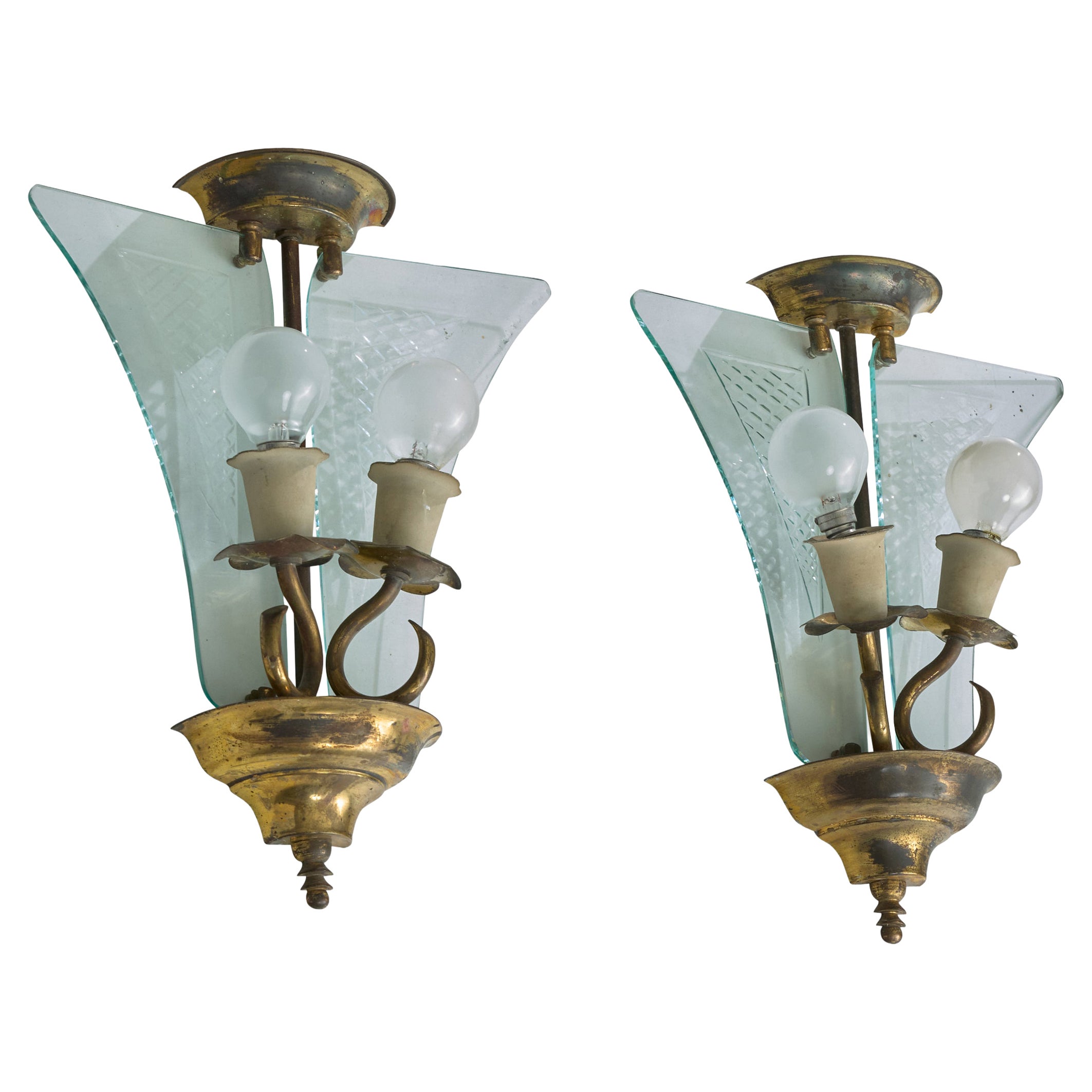 Italian Designer, Wall Lights, Brass, Glass, Metal, Italy 1940s