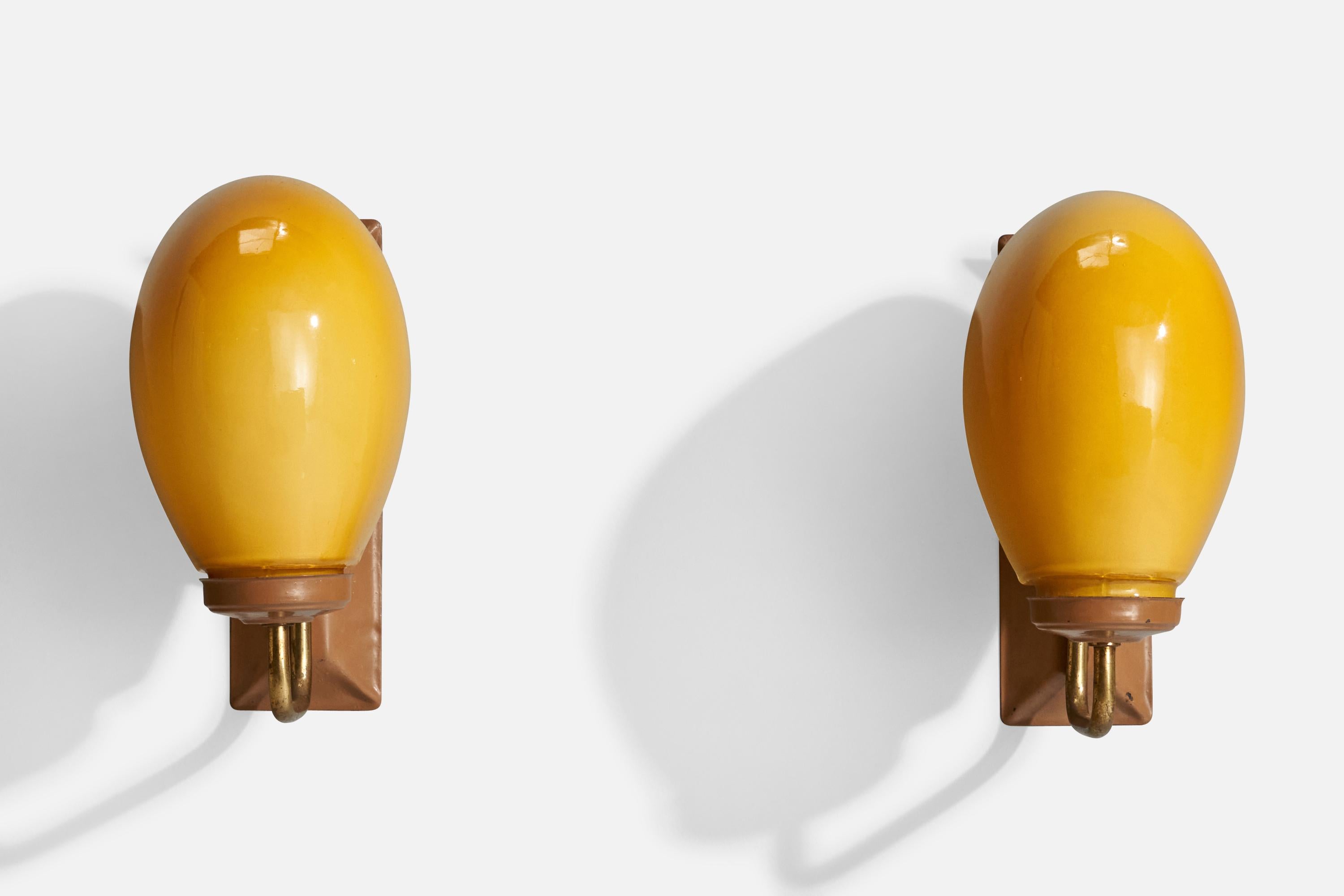 Mid-Century Modern Italian Designer, Wall Lights, Brass, Glass, Metal, Teak, Italy, 1950s For Sale