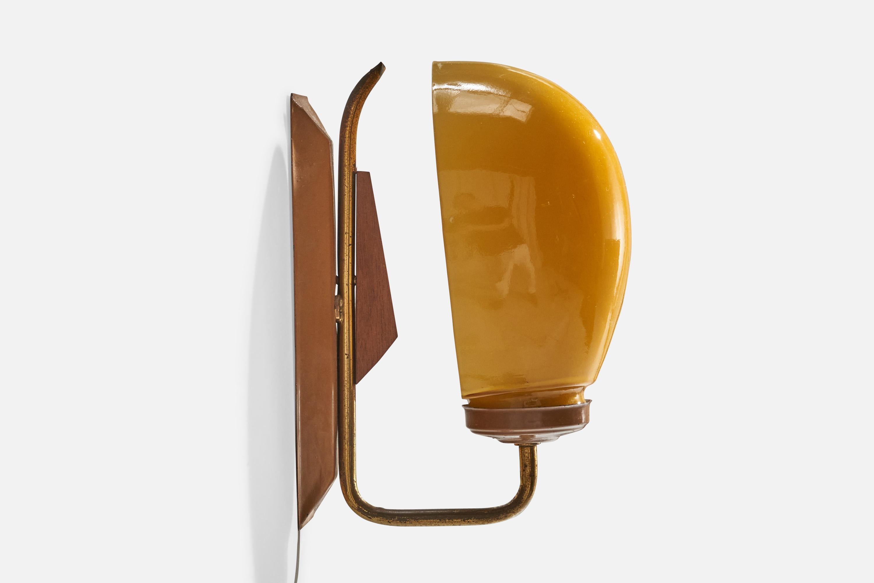 Mid-20th Century Italian Designer, Wall Lights, Brass, Glass, Metal, Teak, Italy, 1950s For Sale