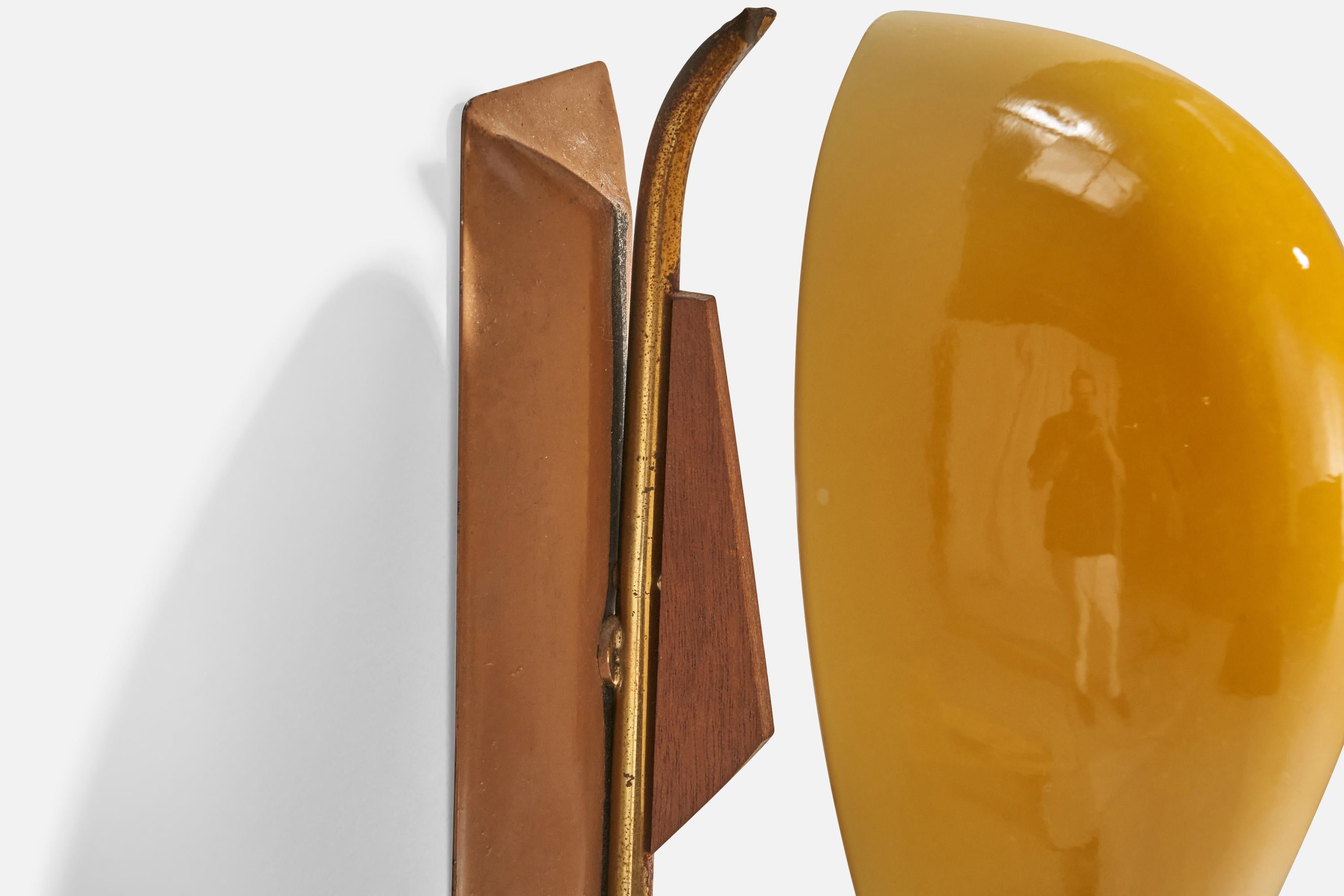 Italian Designer, Wall Lights, Brass, Glass, Metal, Teak, Italy, 1950s For Sale 1