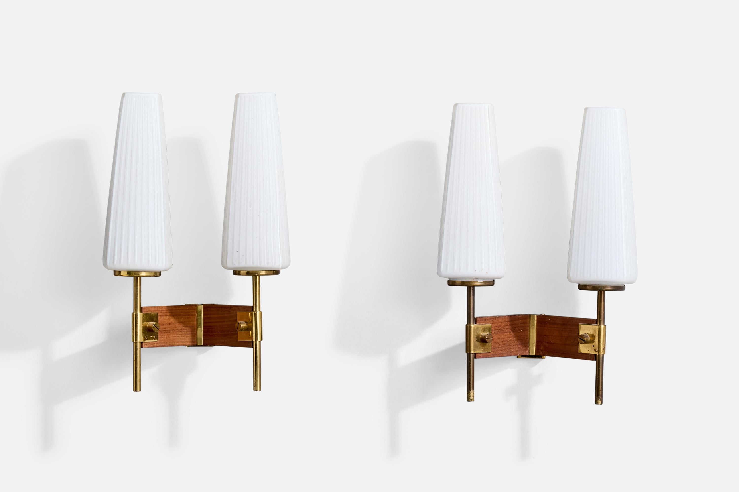 Mid-Century Modern Italian Designer, Wall Lights, Brass, Glass, Teak, Italy, 1950s For Sale