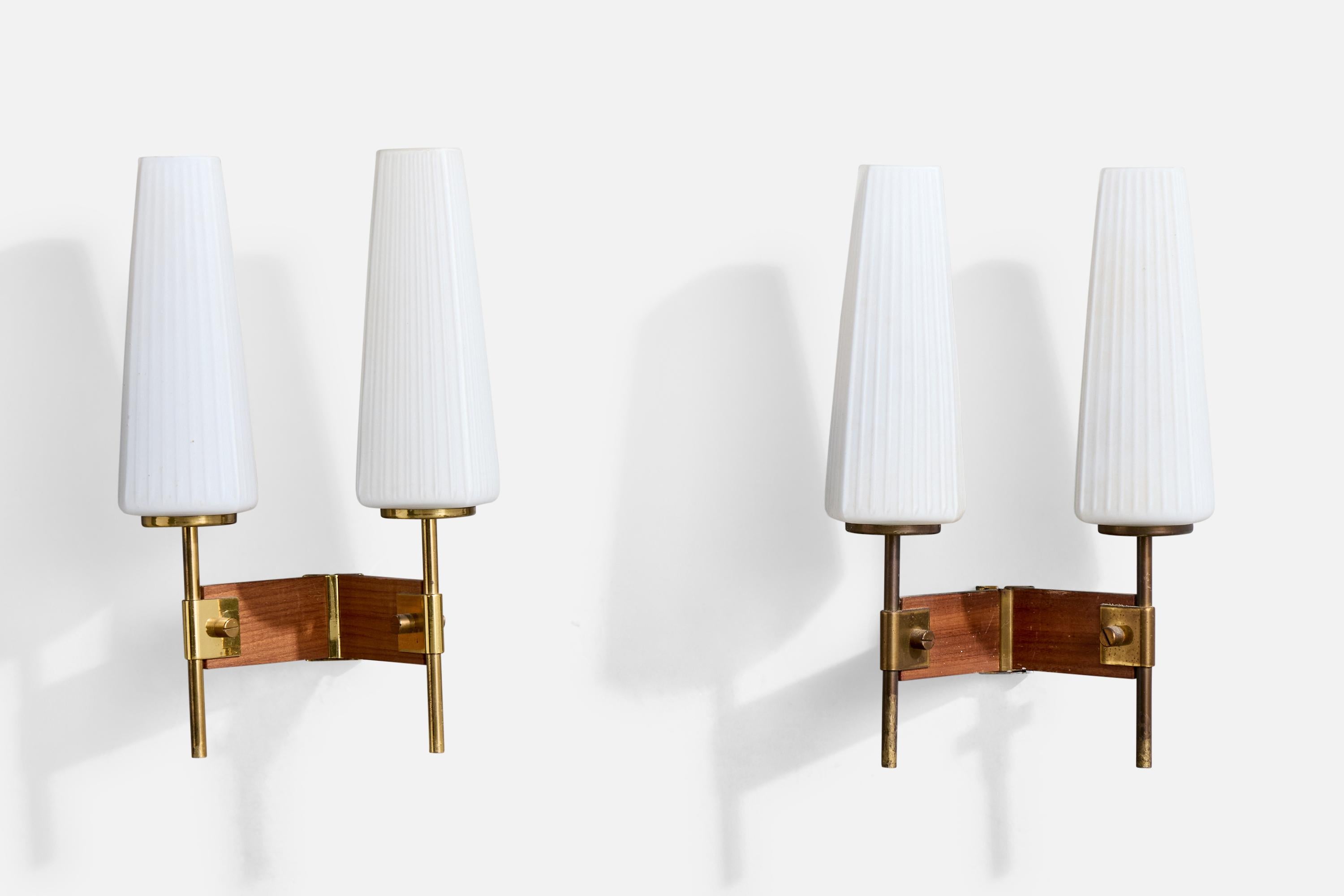 Mid-Century Modern Italian Designer, Wall Lights, Brass, Glass, Teak, Italy, 1950s For Sale