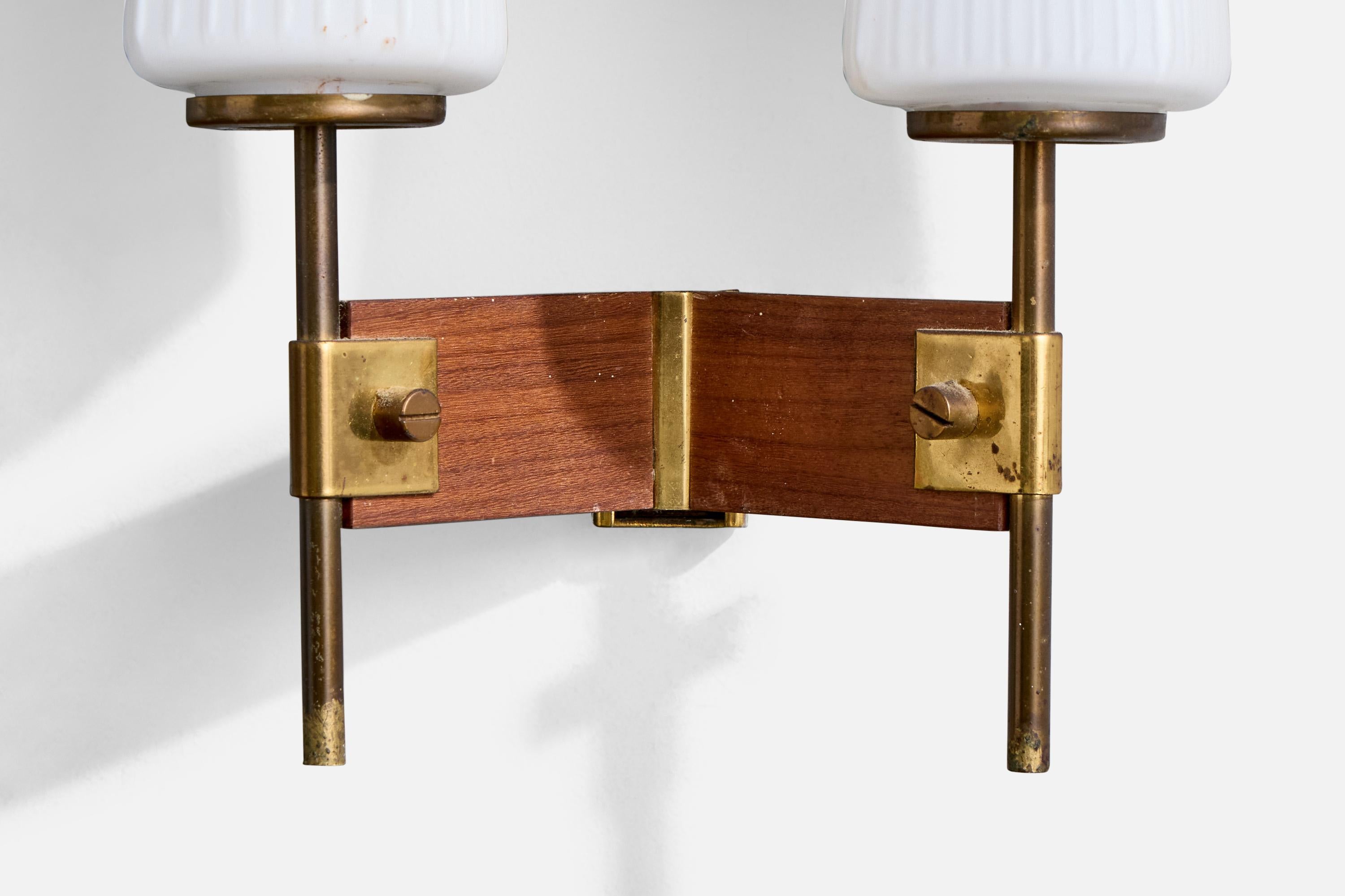 Italian Designer, Wall Lights, Brass, Glass, Teak, Italy, 1950s For Sale 1