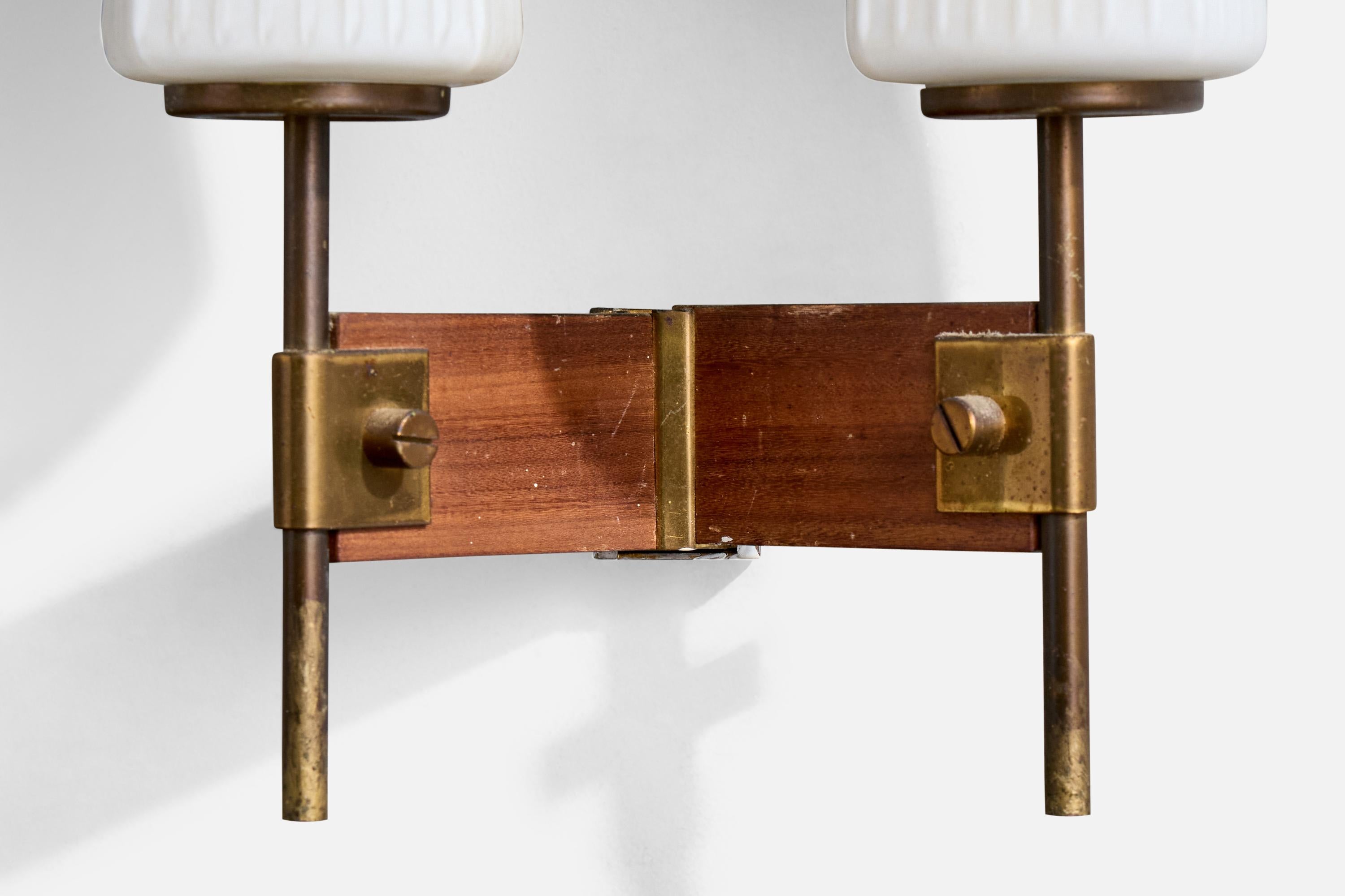 Italian Designer, Wall Lights, Brass, Glass, Teak, Italy, 1950s For Sale 1
