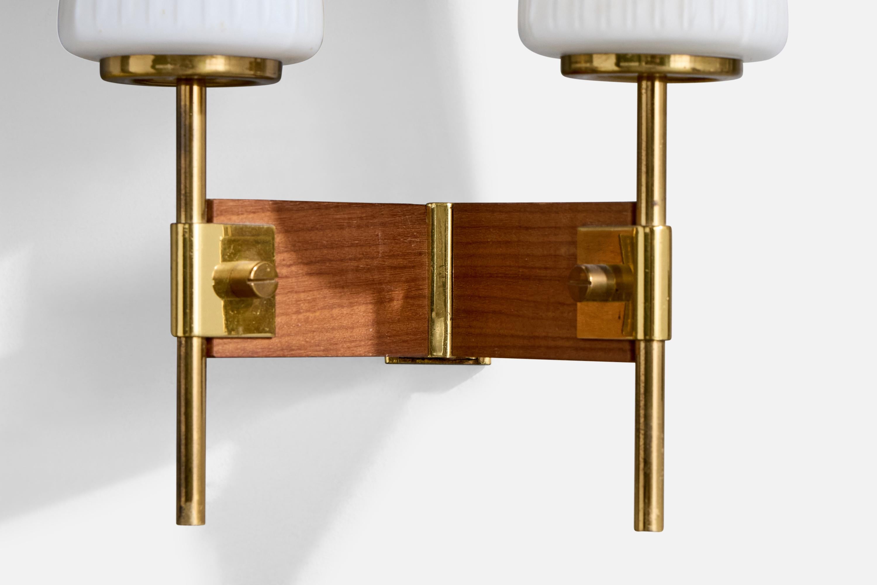 Italian Designer, Wall Lights, Brass, Glass, Teak, Italy, 1950s For Sale 2