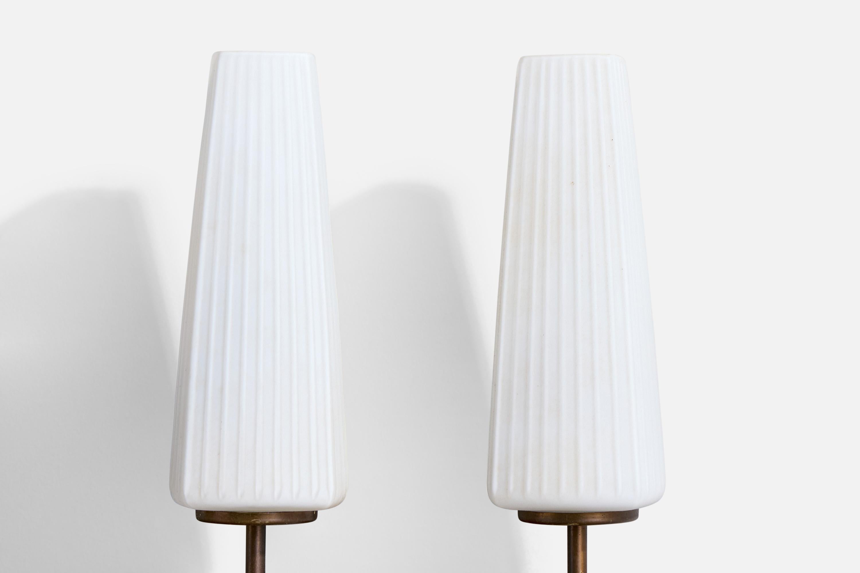 Italian Designer, Wall Lights, Brass, Glass, Teak, Italy, 1950s For Sale 3