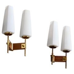Italian Designer, Wall Lights, Brass, Glass, Teak, Italy, 1950s
