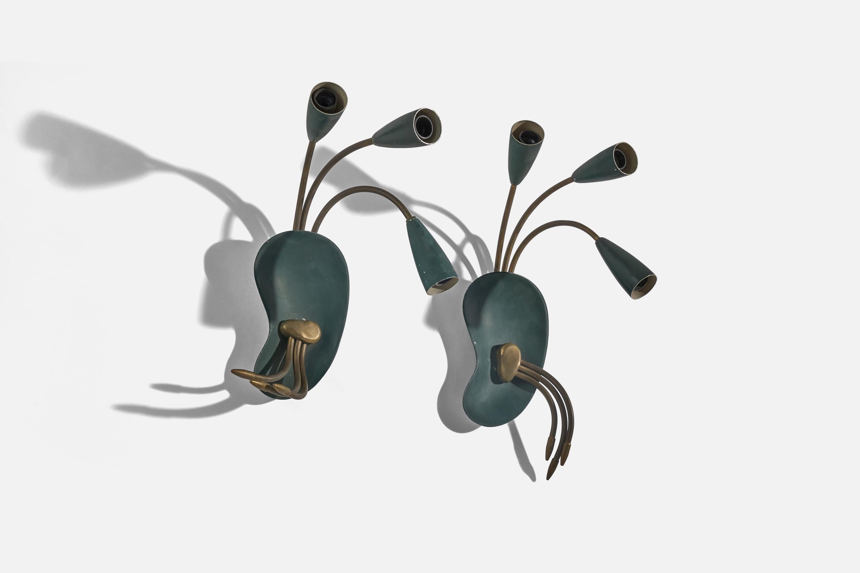 Mid-Century Modern Italian Designer, Wall Lights, Brass, Green Lacquered Metal, Italy, 1950s For Sale